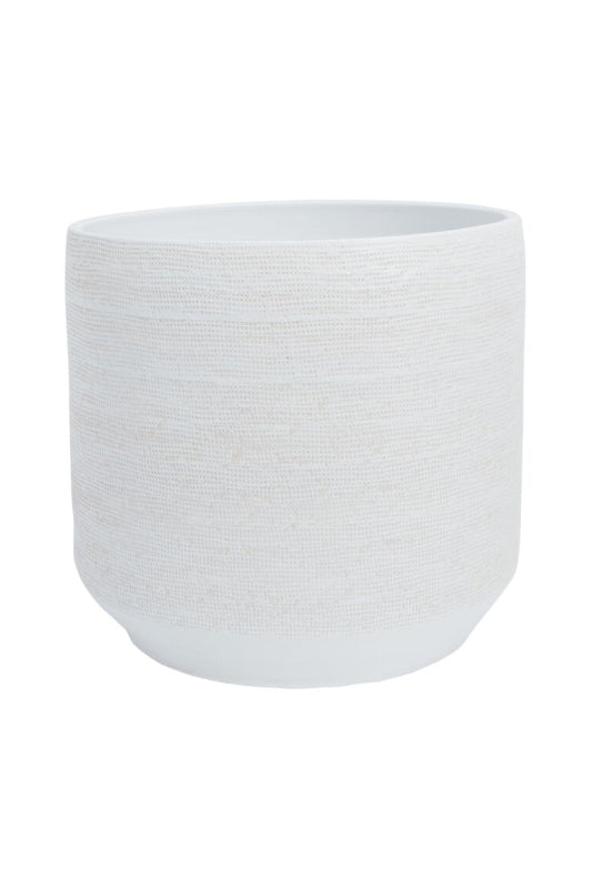 Ray pot in white, empty, and on a white backdrop letting the subtle texture on the pot show ©Accent Decor