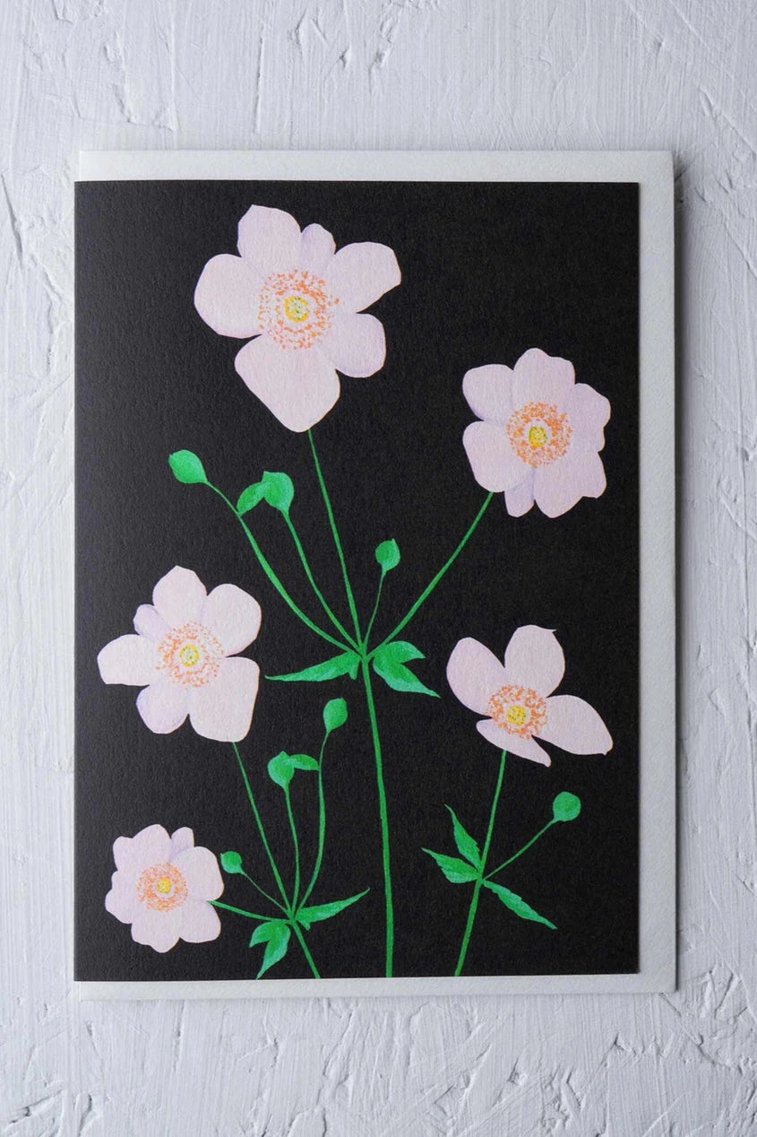 Anemone Greeting card by Stengun Drawings shown for the front against white.