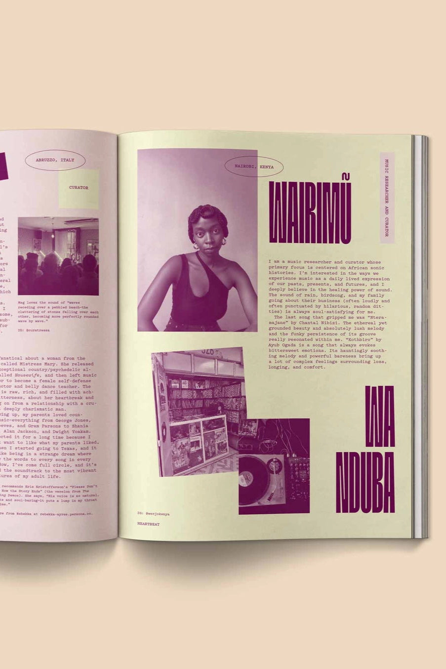 Heartbeat Magazine: Music, Sound, Emotion Open magazine with purple text and images on a beige background ©Broccoli