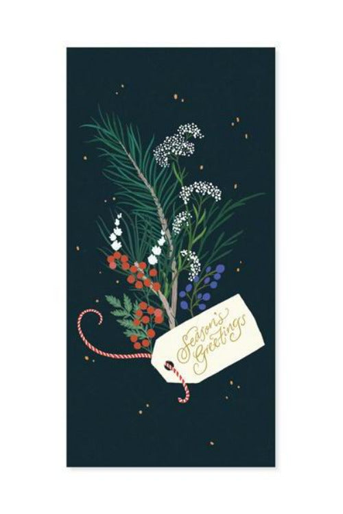 The front of the winter foliage card with the green bouquet and note on black. ©Up With Paper