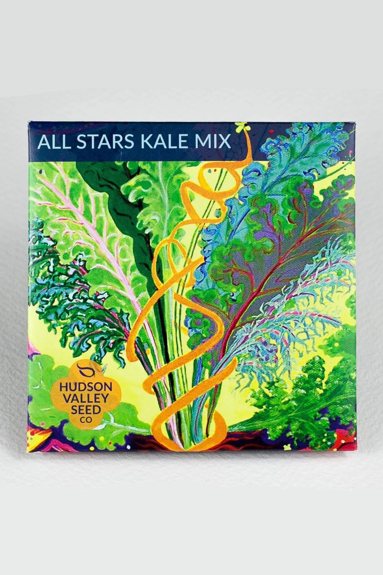 Colorful packaging of All Stars Kale Mix from Hudson Valley Seed Co on a gray background ©Hudson Valley Seed Co.