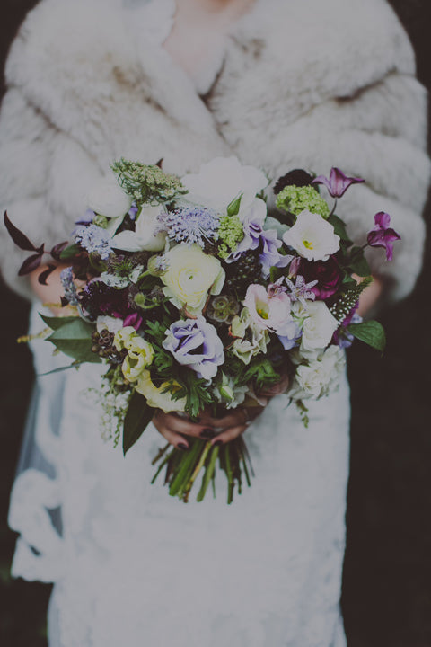 Sprout Home moody purple winter bouquet for Kozlow. Photographed by Chelsie Michael Photography