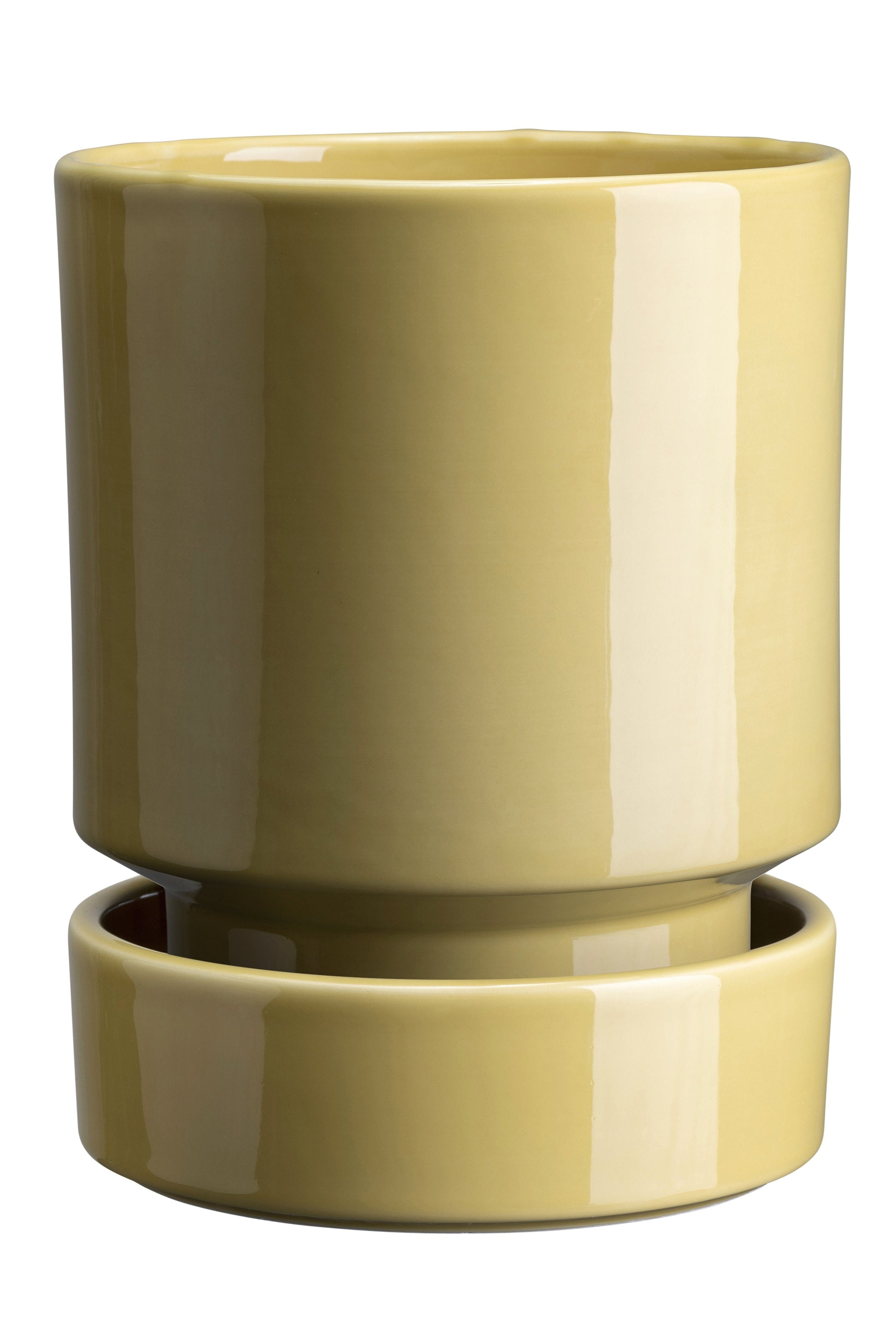 A glazed yellow Hoff Pot by Bergs Potter up close and empty