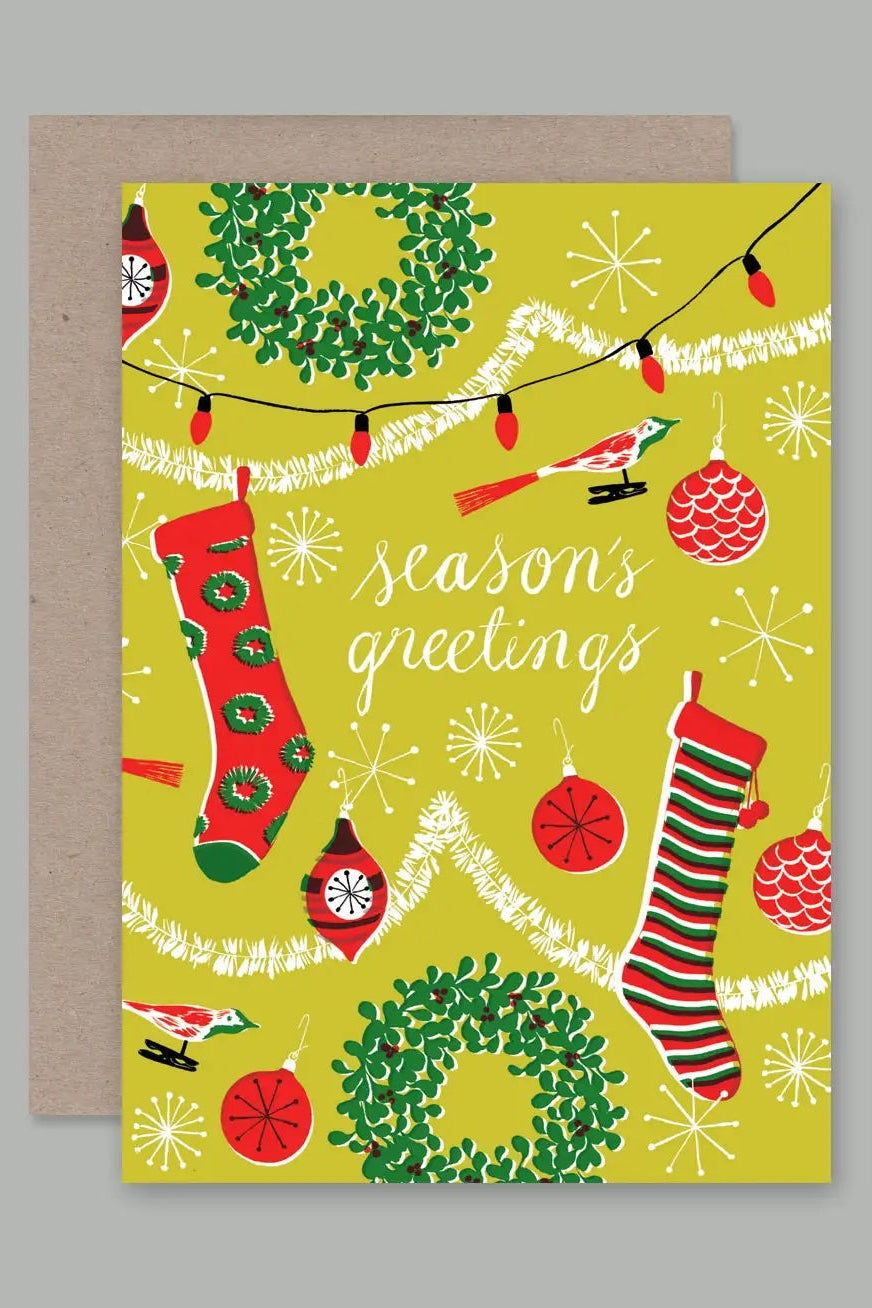 A colorful card with the sentiment "Season's Greetings" ©Sprout Home
