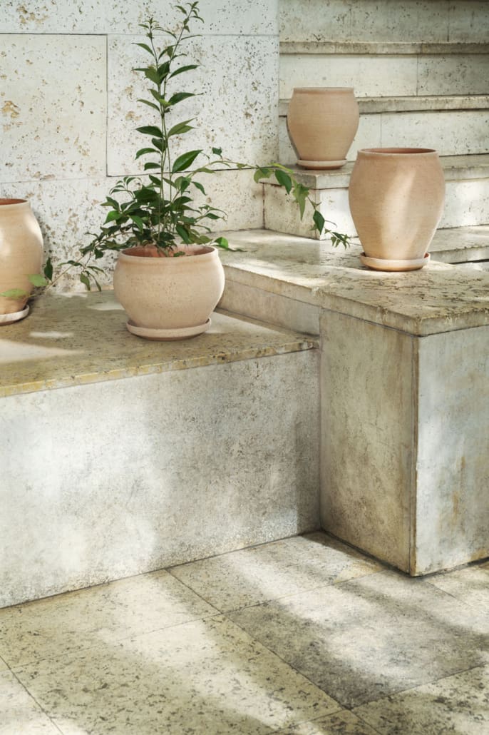 A small tree in a clay pot in a tiled room ©Bergs Potter