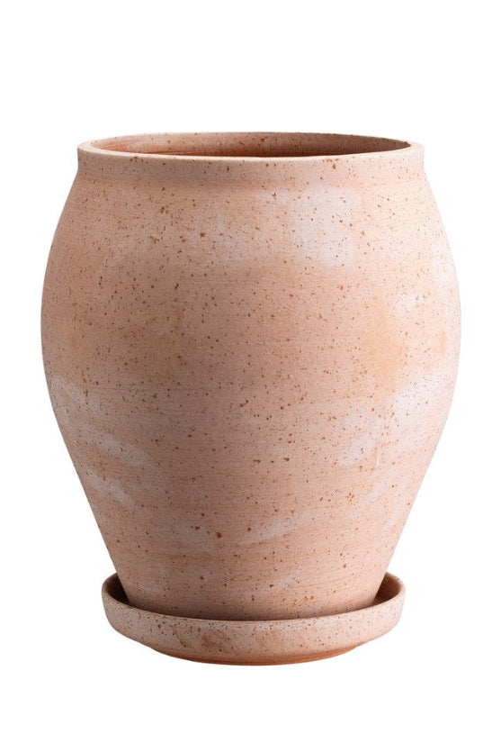 Rosa Delphi tall terracotta pot with a matching saucer on a white background ©Bergs Potter