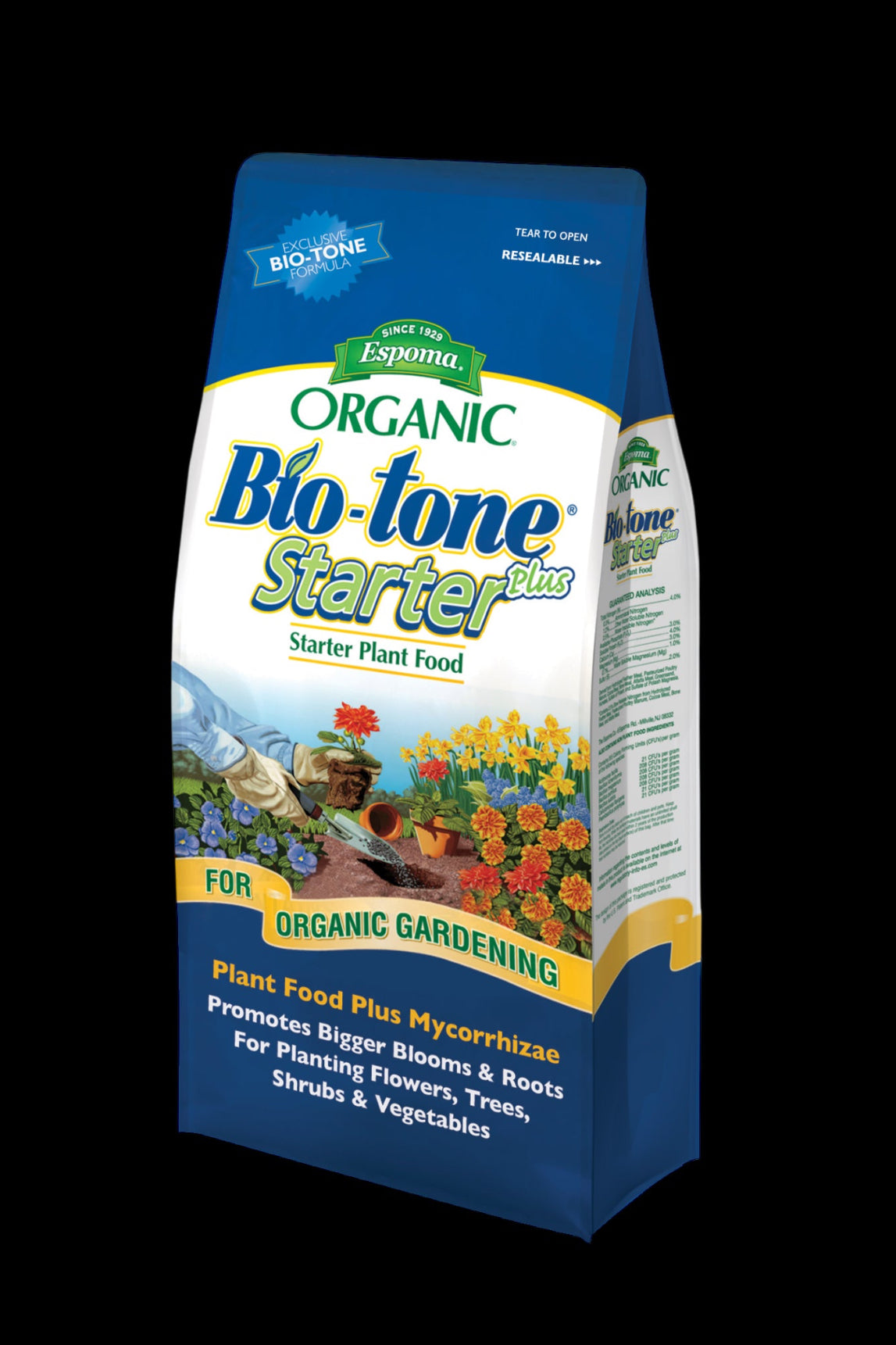 Bag of Bio-tone Organic Starter Plant Food on a black background ©Epsom