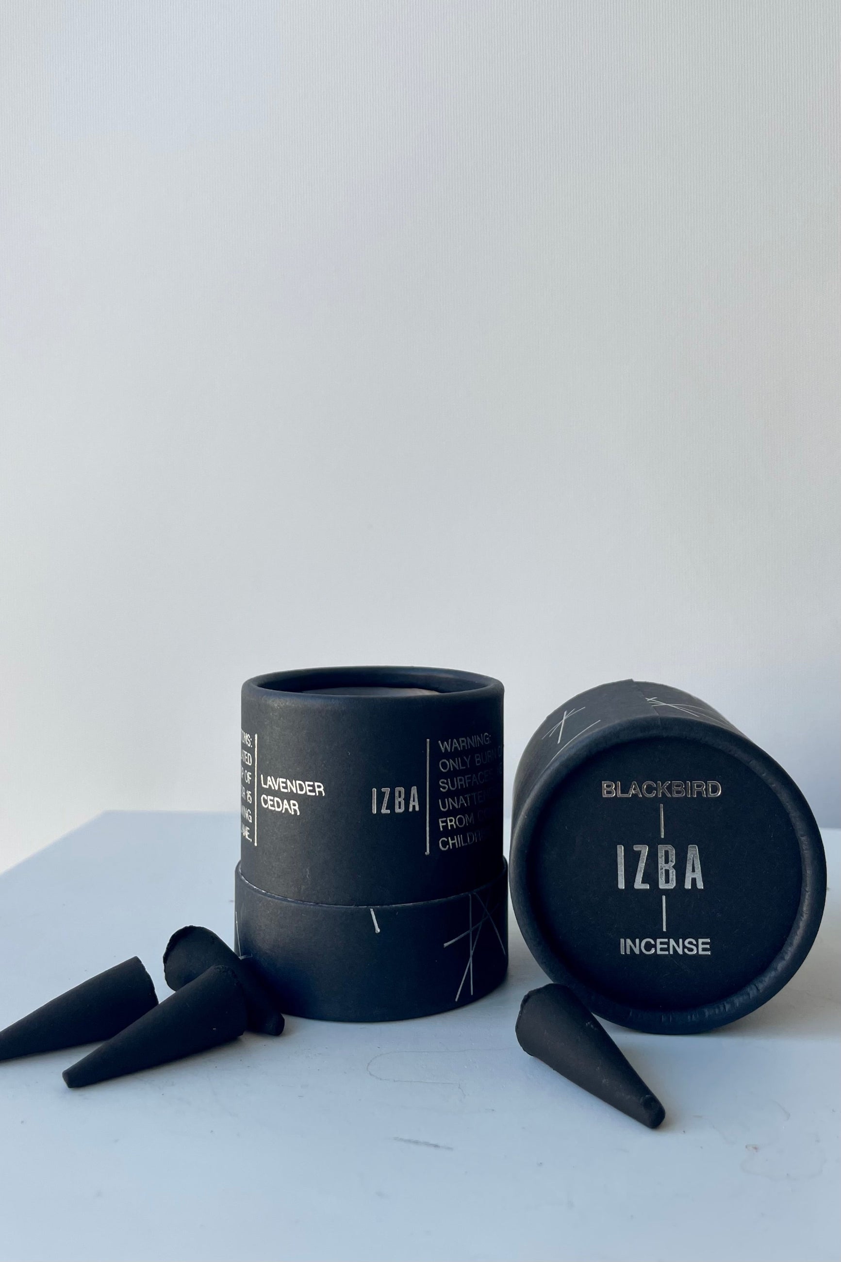 A black cylinder of Blackbird incense sits on a white surface in a white room.. The package features a pattern of intersecting silver lines. The incense is called Izba. To either side of the cylinder is a scattering of black incense cones. ©Sprout Home