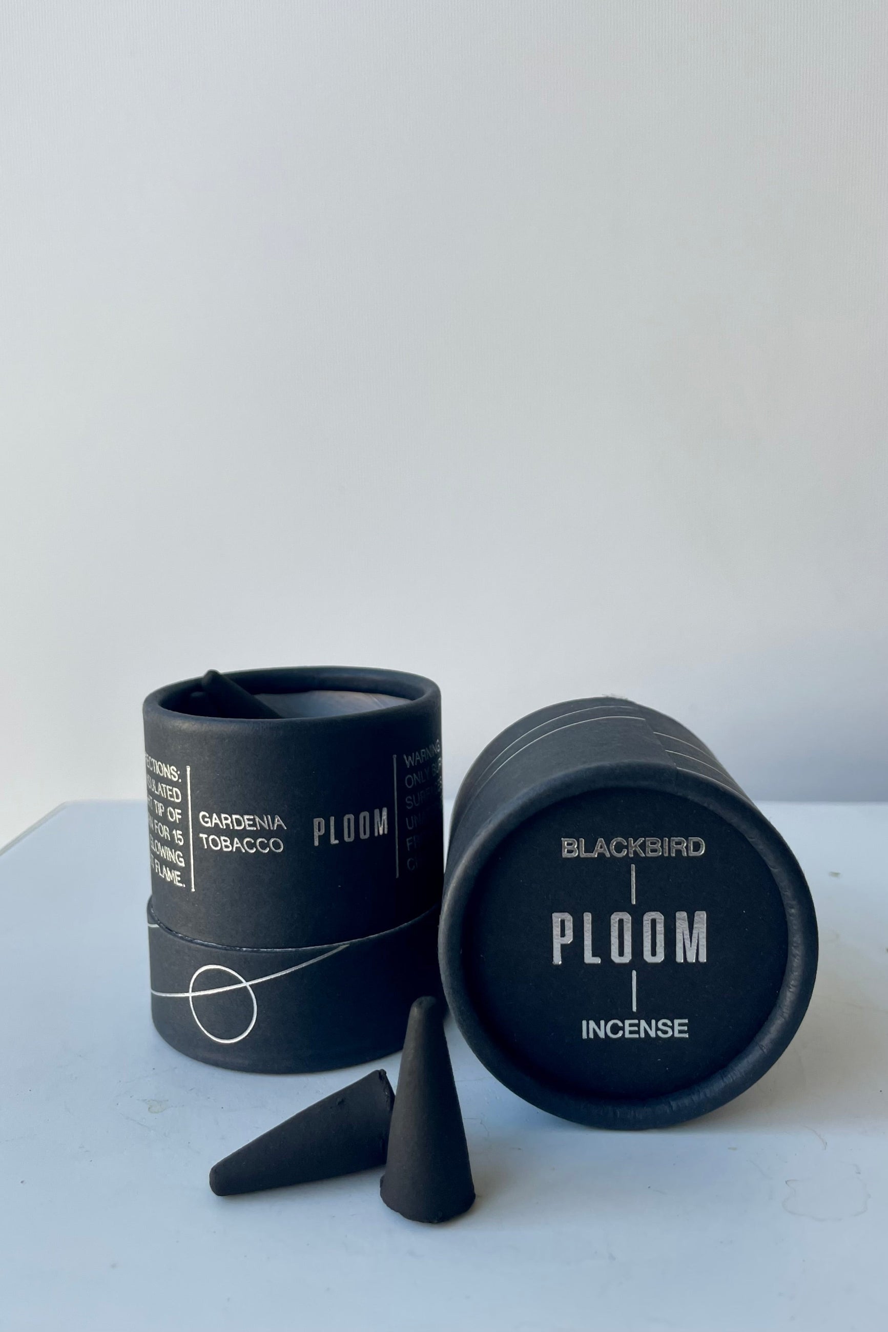 A black cylinder containing Blackbird Incense sits on a white table in a white room. The incense is called Ploom. Packaging features a black background with intersecting silver lines and circles. Ahead of it sits a pair of black incense cones. ©Sprout Home