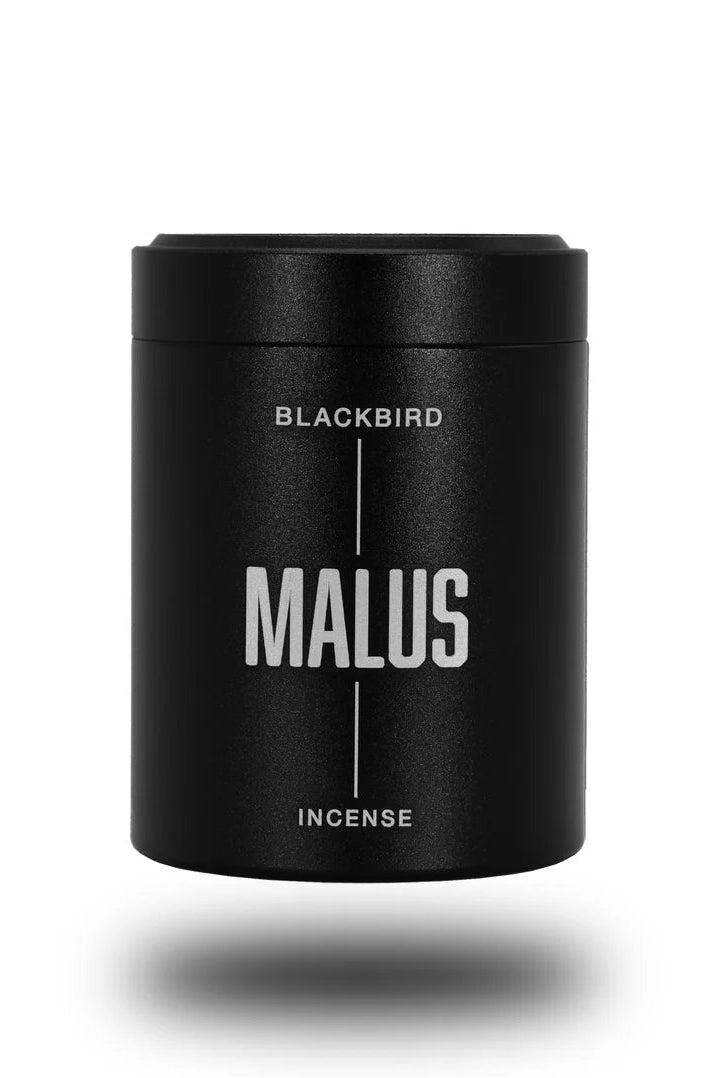 Malus Blackbird incense tin packaging against a white backdrop ©Blackbird