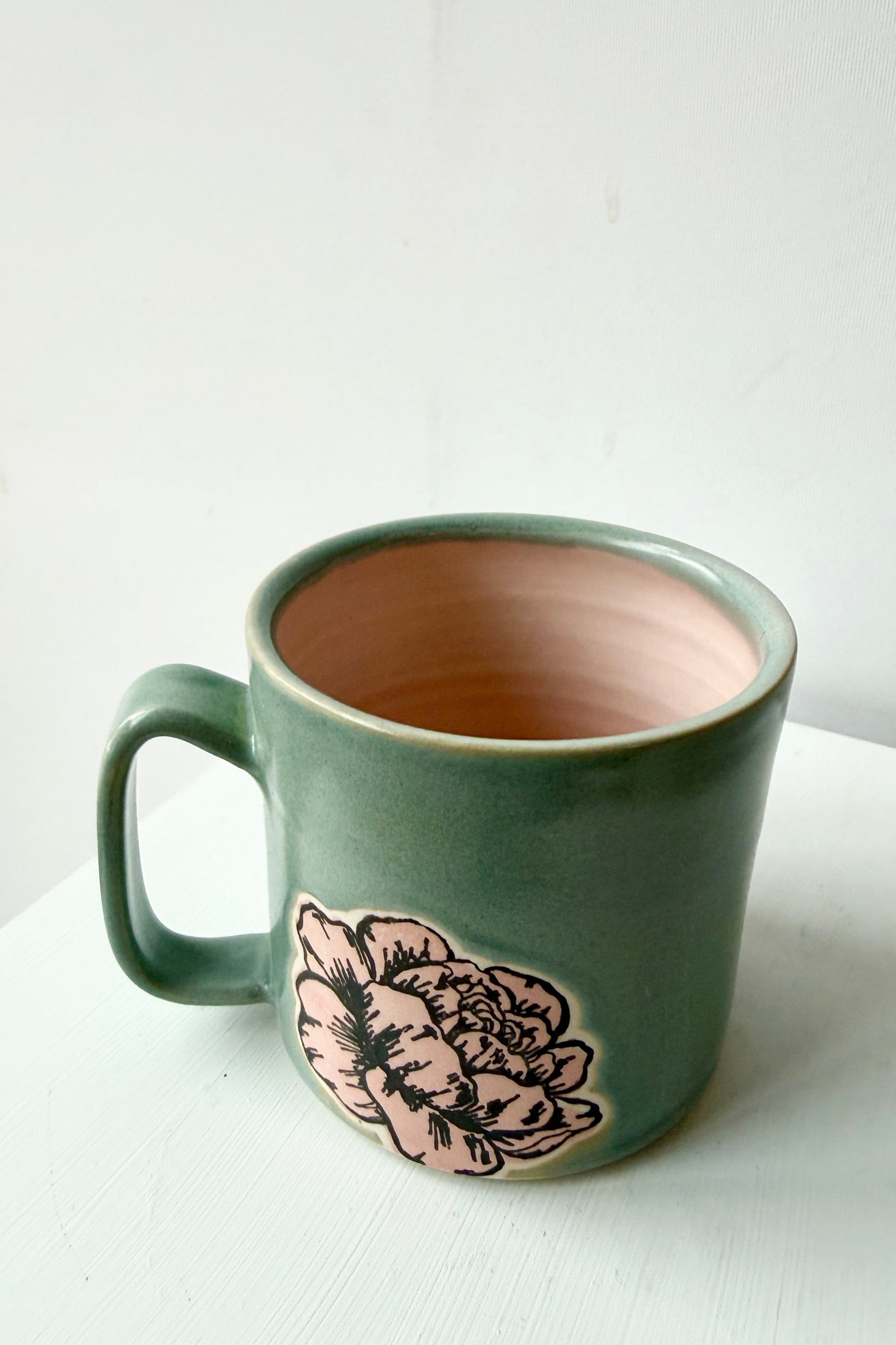 Pink Peony ceramic mug with floral design by City in Bloom Ceramics on a white background ©Sprout Home