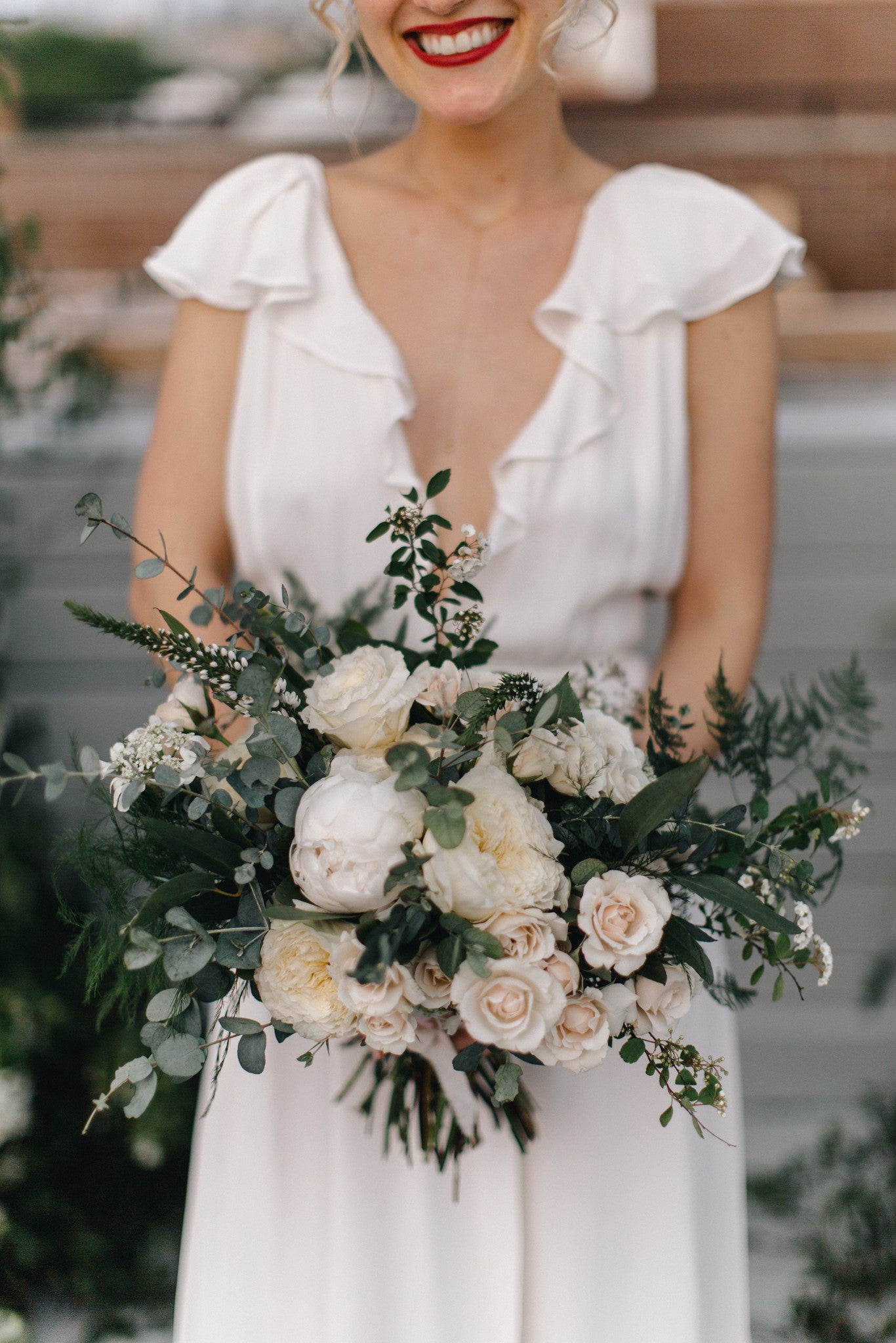 Christine and Danny wedding white and dark greens bouquet by Sprout Home. Photograph by Deep End Imagery