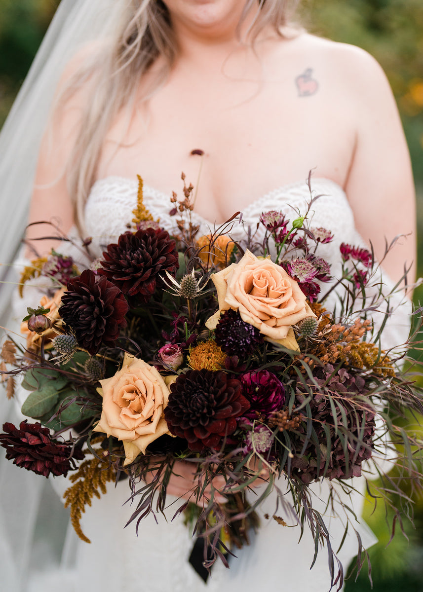 Dark Dusky Bridal Bouquet by Sprout Home. Photographed by Aaron Ehinger