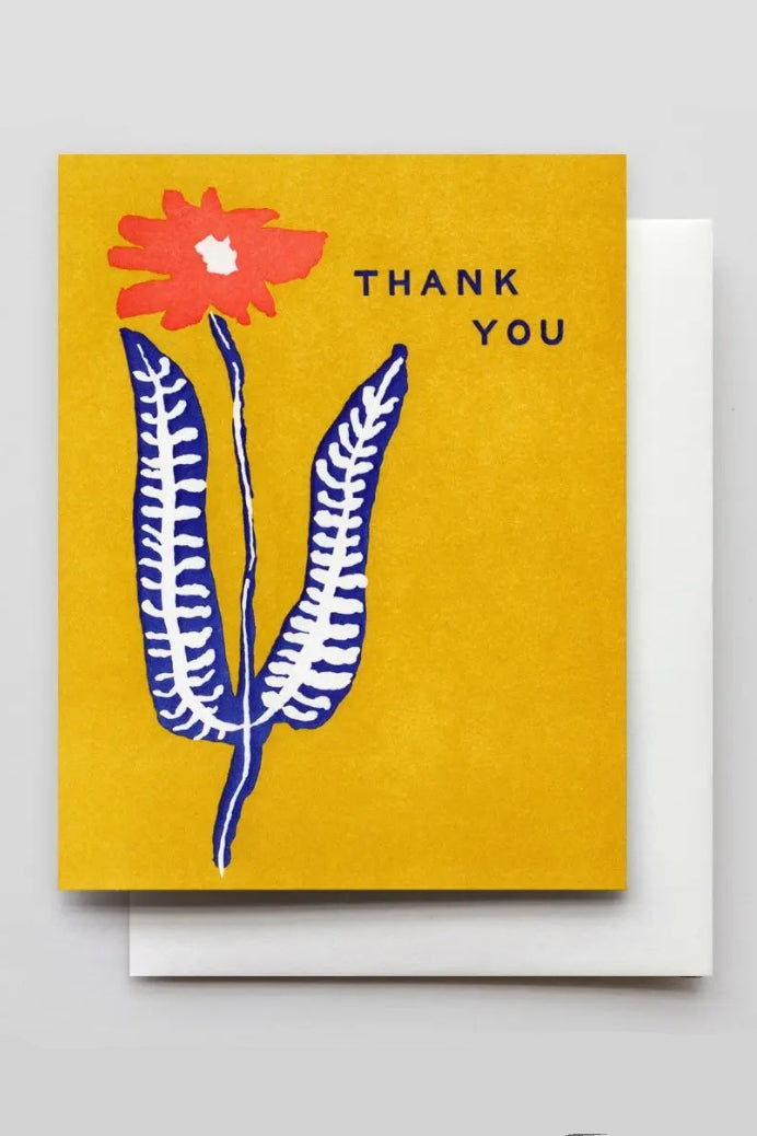 A yellow greeting card with a floral drawing and the text "Thank You" ©Hammerpress