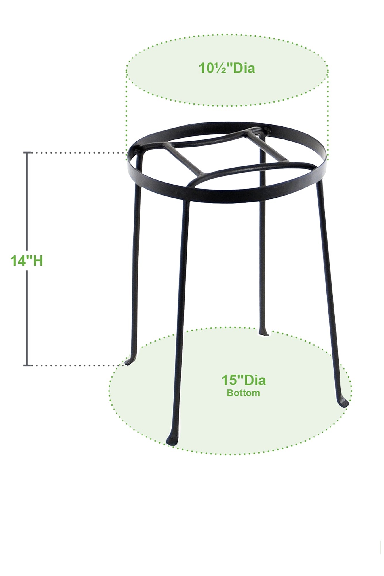 Black metal stool with dimensions labeled on a white background .© Achla Designs