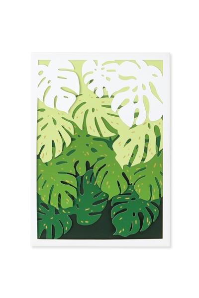 Monstera Laser cut card viewed from the front showing the layered leaves.
