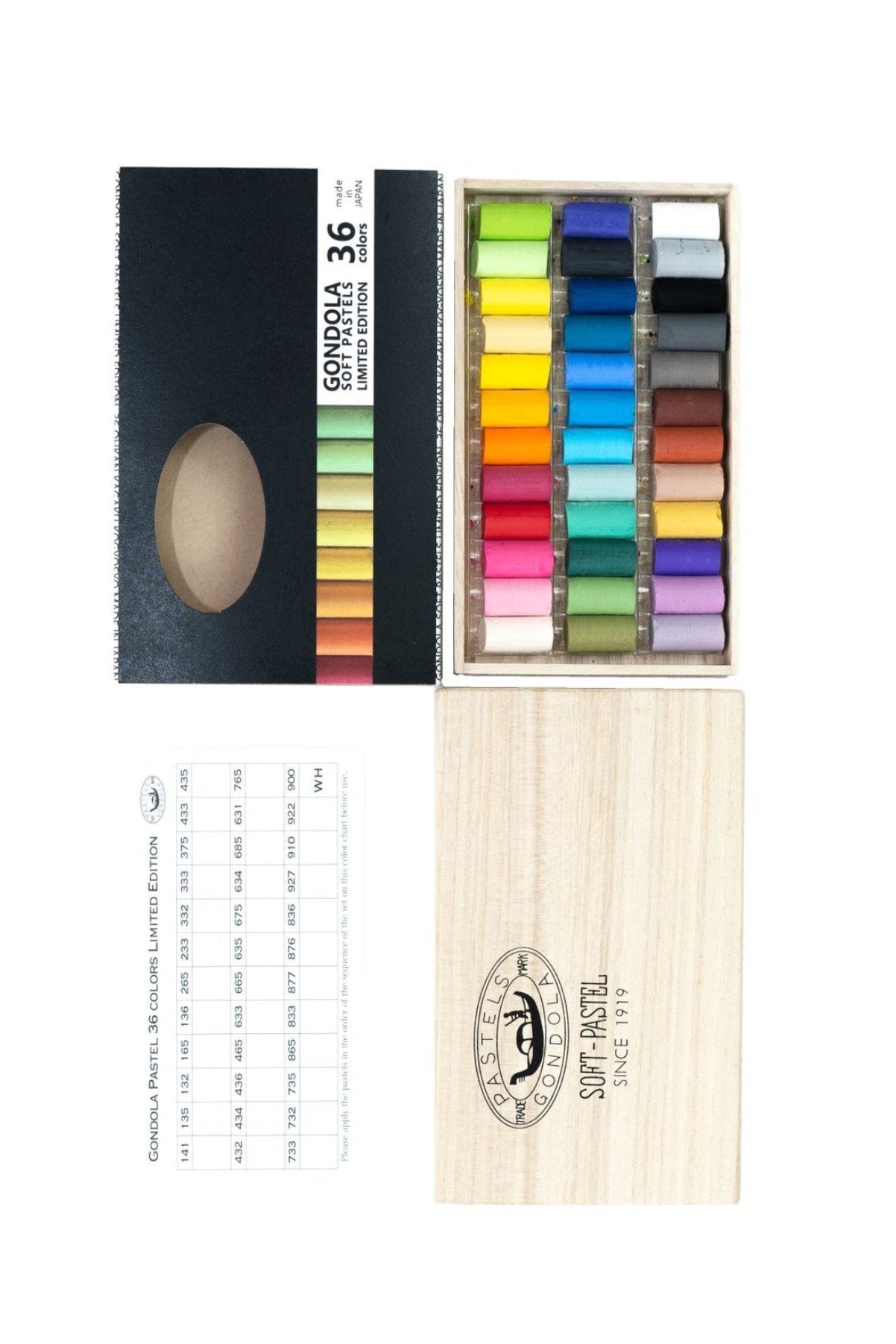 Set of colorful pastels in a wooden box with a Gouache Pastel packaging on a white background. ©Sweet Bella
