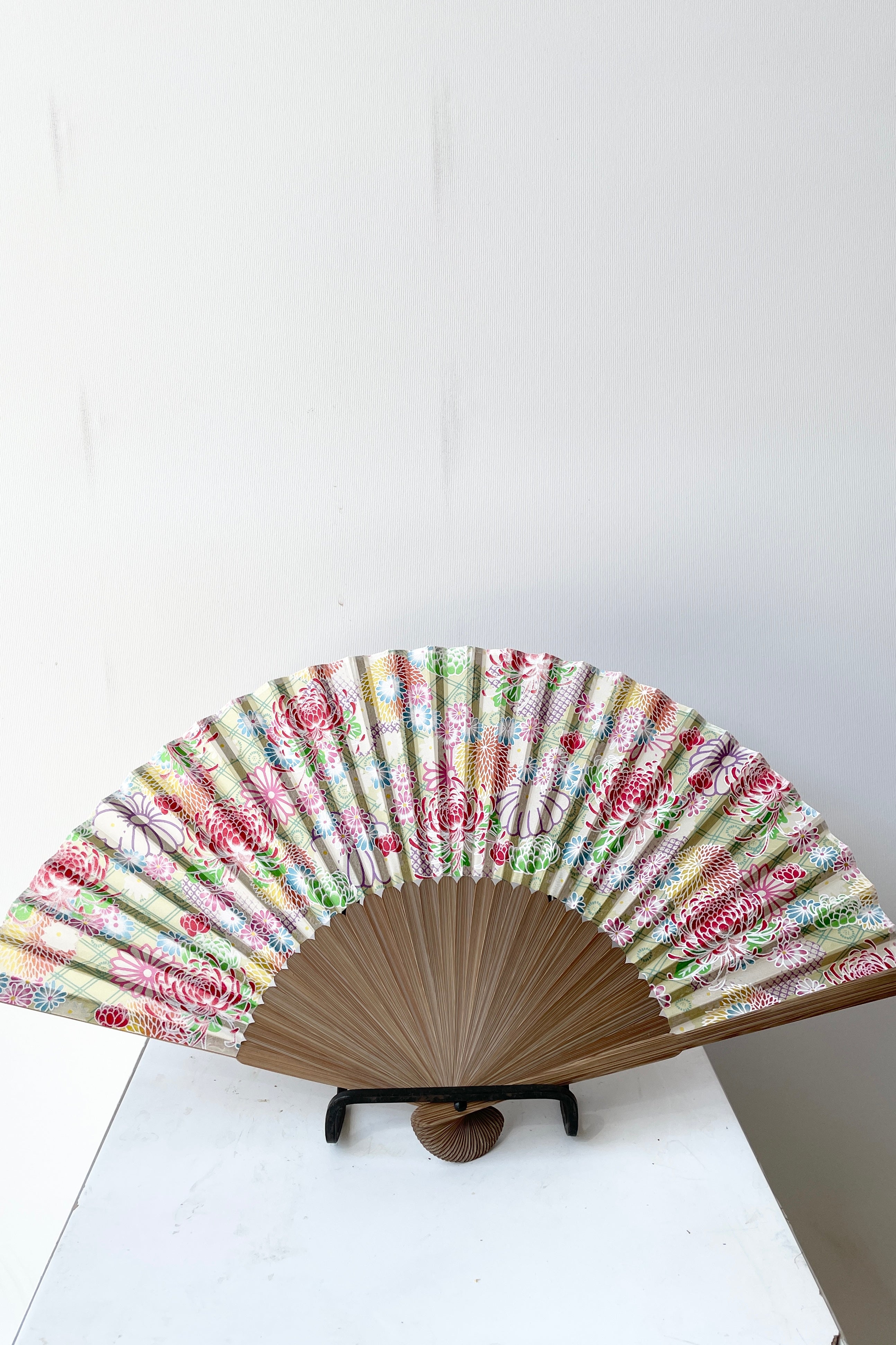 Pale green with Chysanthemums silk fan at Sprout Home