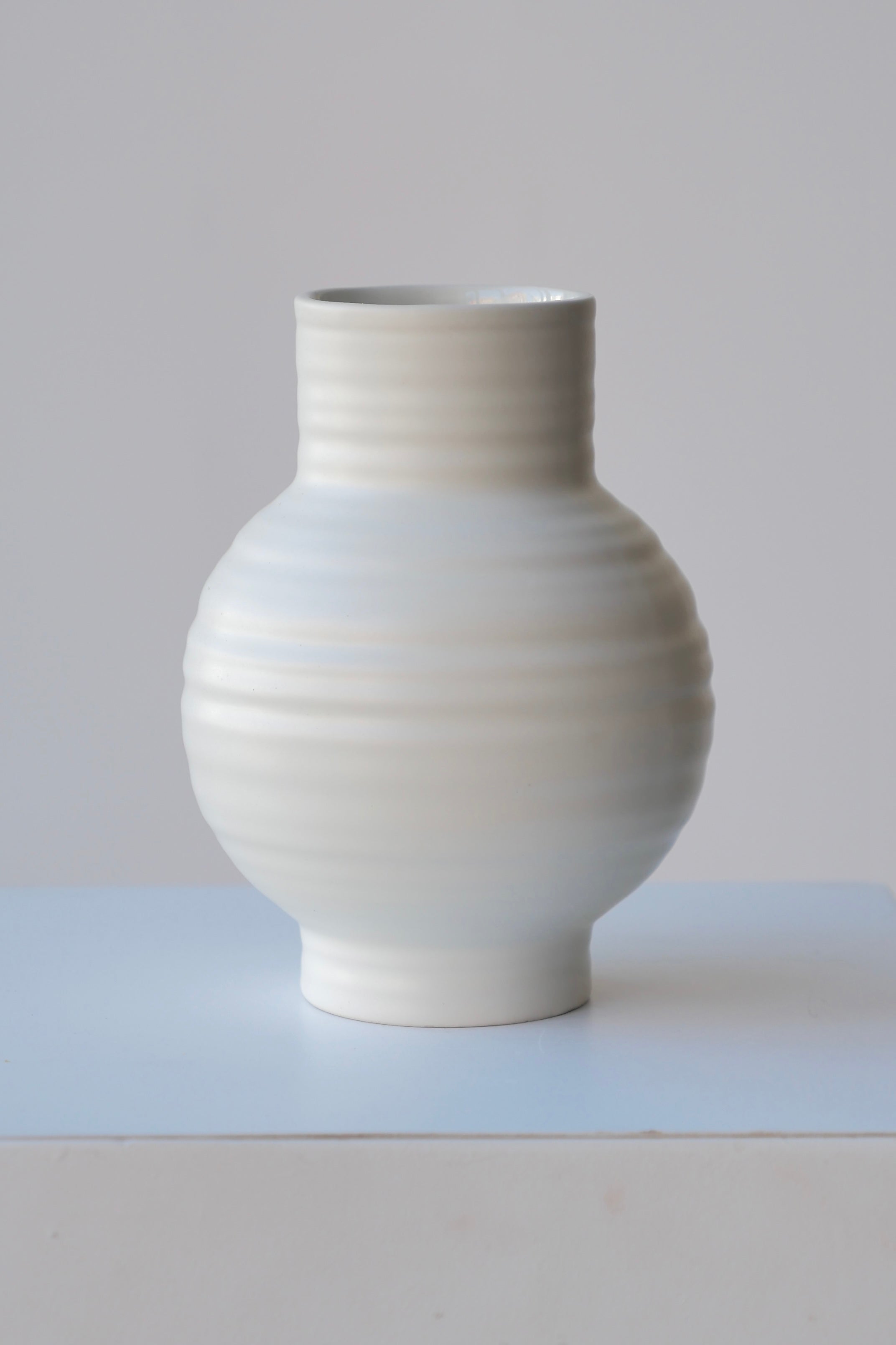 The Small Essential Bone Ceramic vase by Hawkins against a white wall.