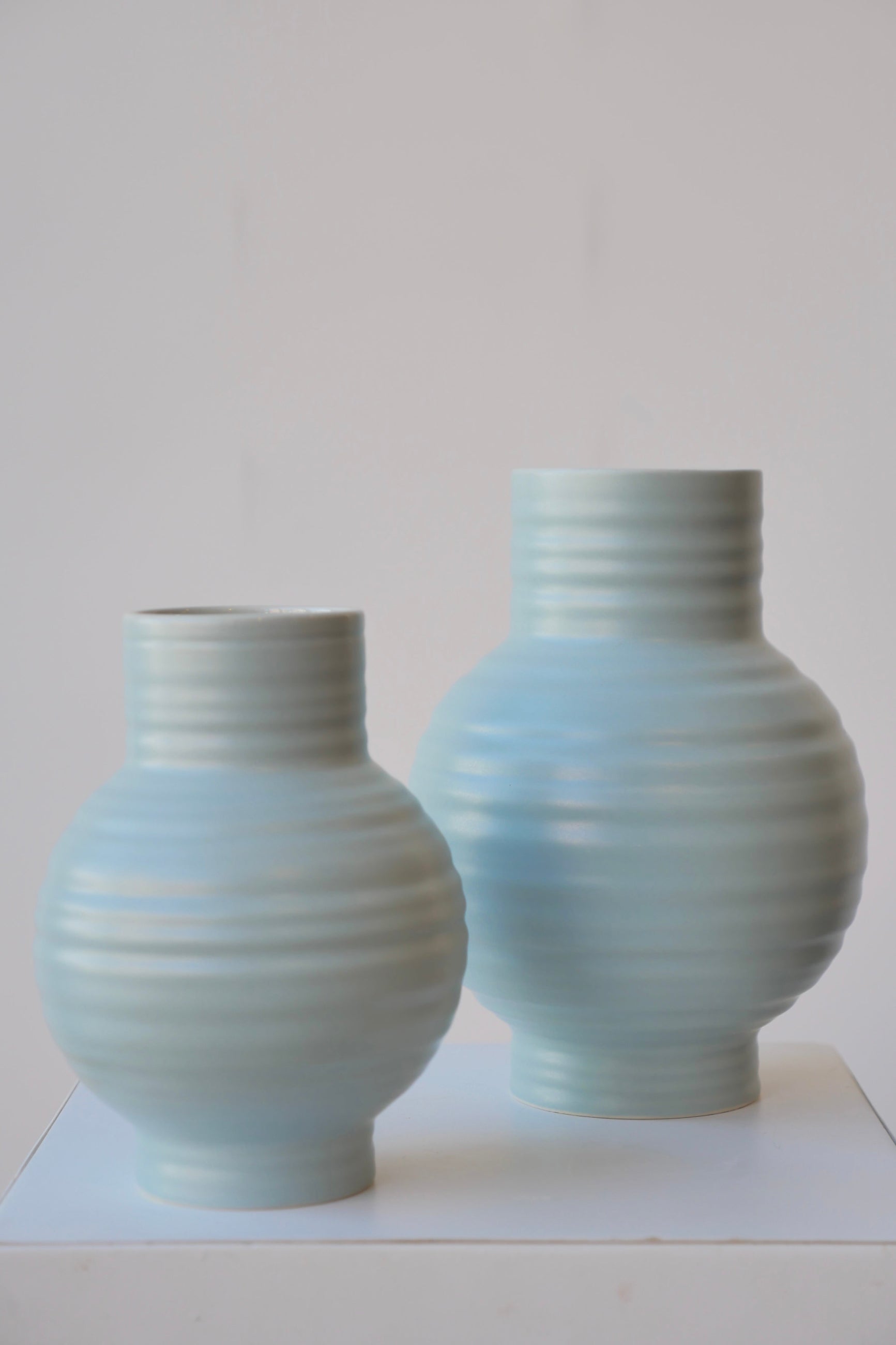 White background with two different sized Sky blue colored Essential vases. ©Sprout Home