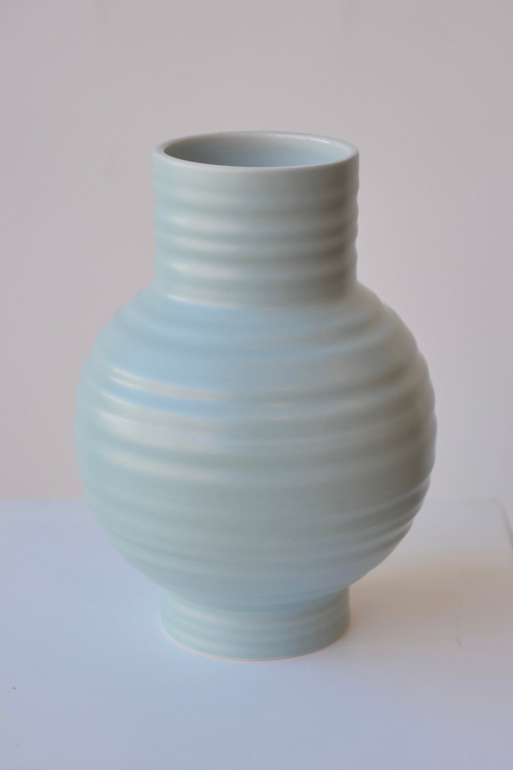 A Hawkins NY Essential Sky vase showing its bulbous form against a white wall. ©Sprout Home