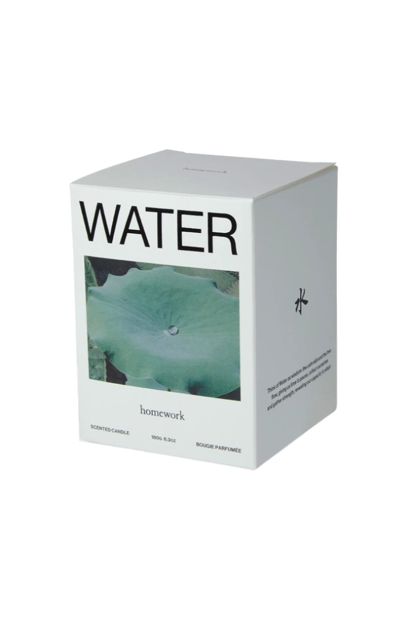 Water candle packaging shown from the front corner by Homework.