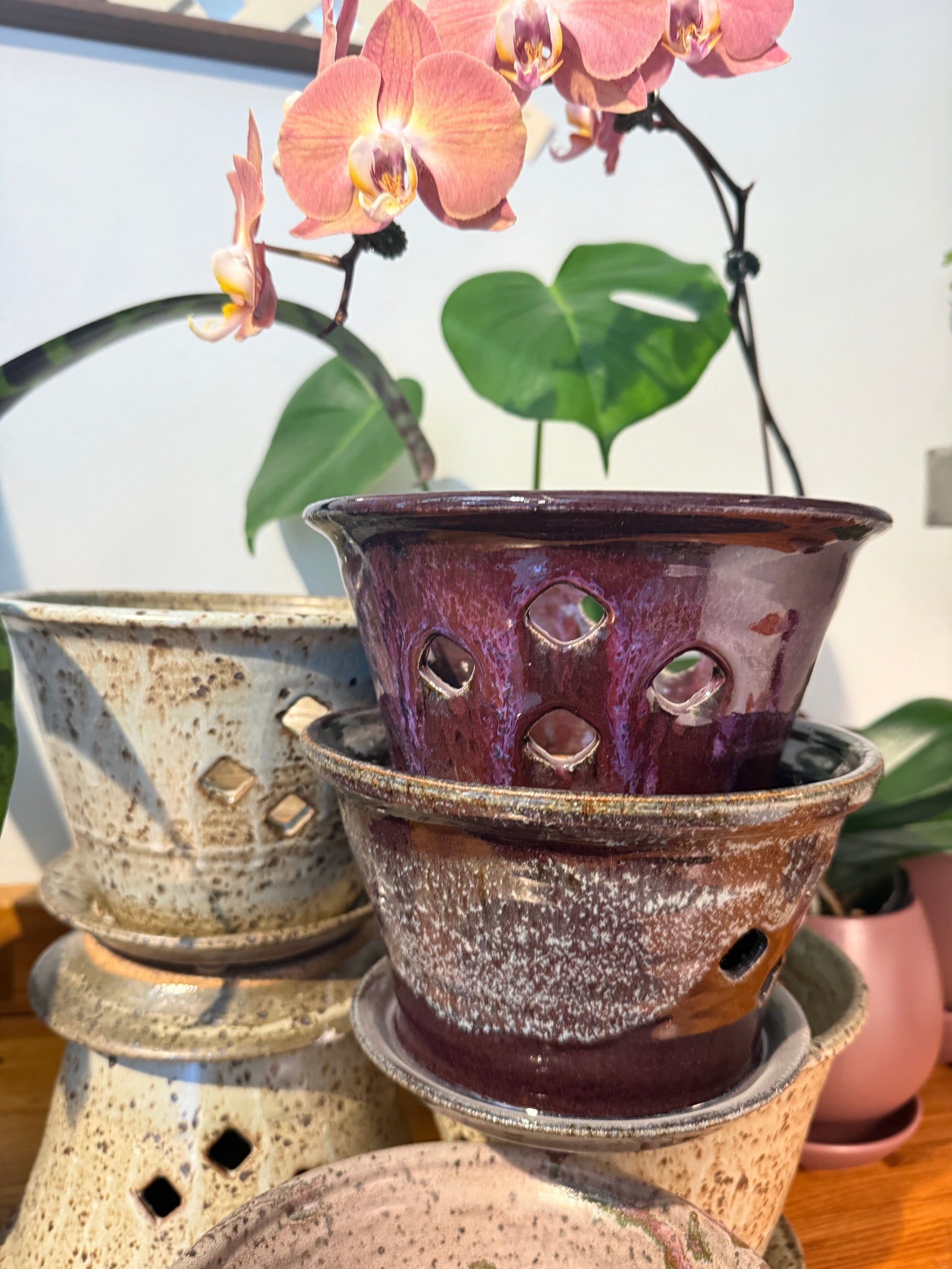Set of Bruning Pottery ceramic orchid plant pots with textured surfaces on a wooden surface ©Sprout Home