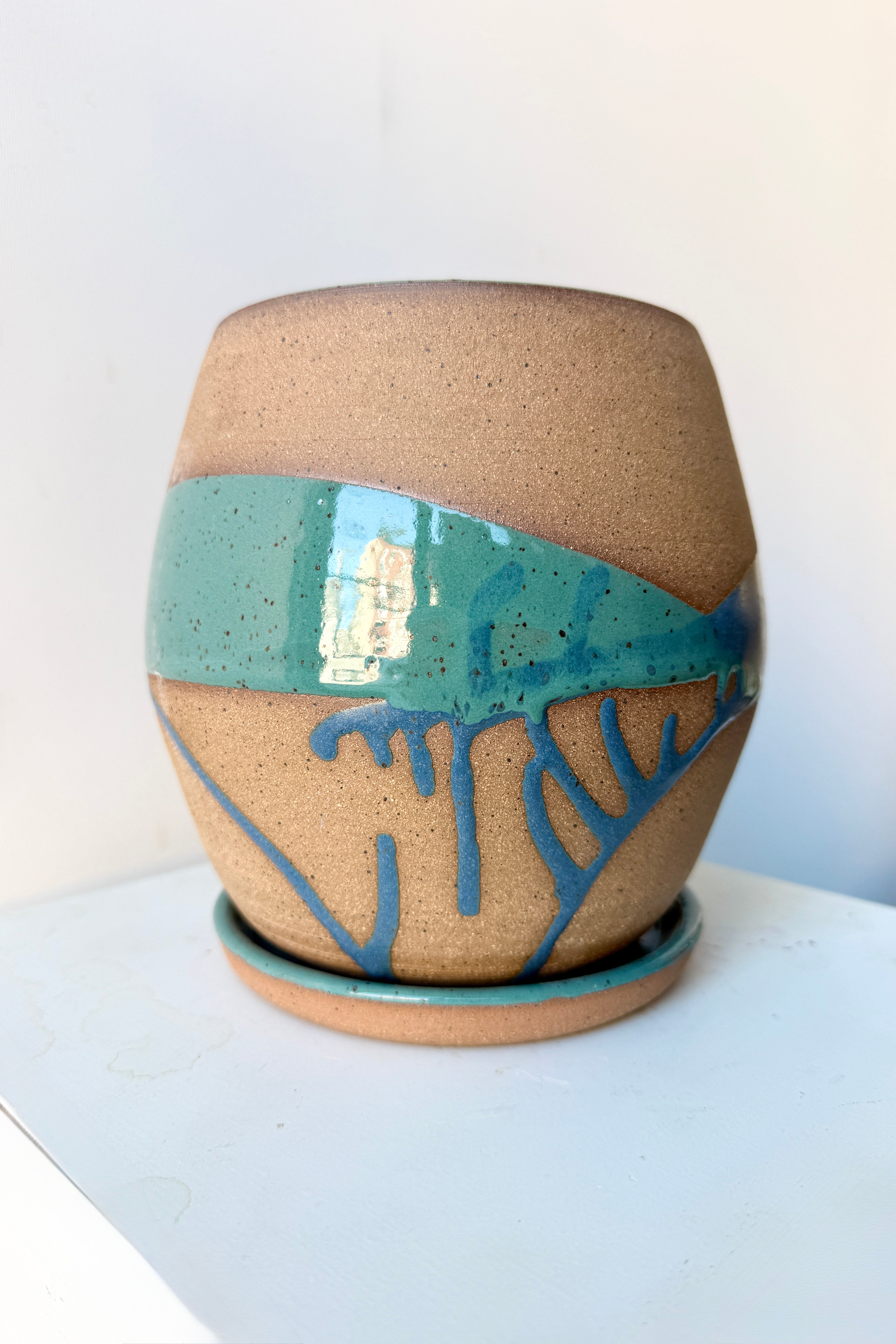 Orb Pot & Saucer Denim and Dark Teal Splash Glaze 6.5"