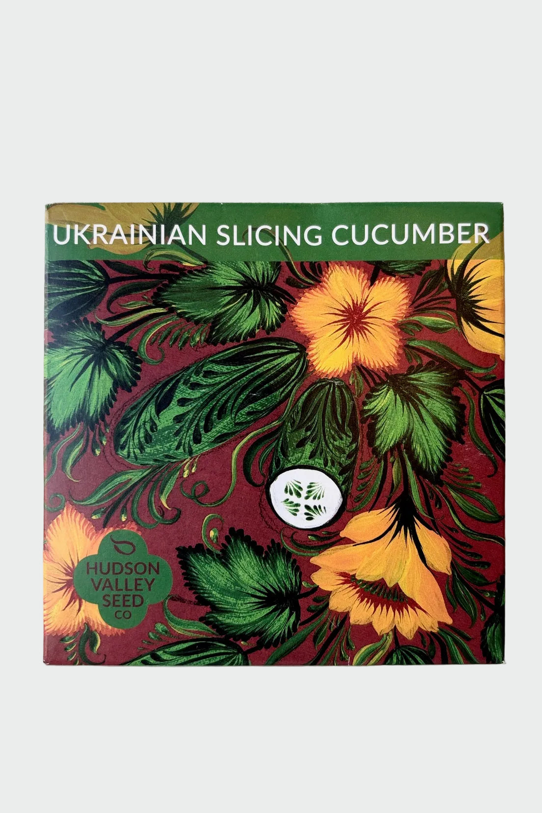 Seed pack of Ukrainian Slicing Cucumbers against a white background ©Sprout Home