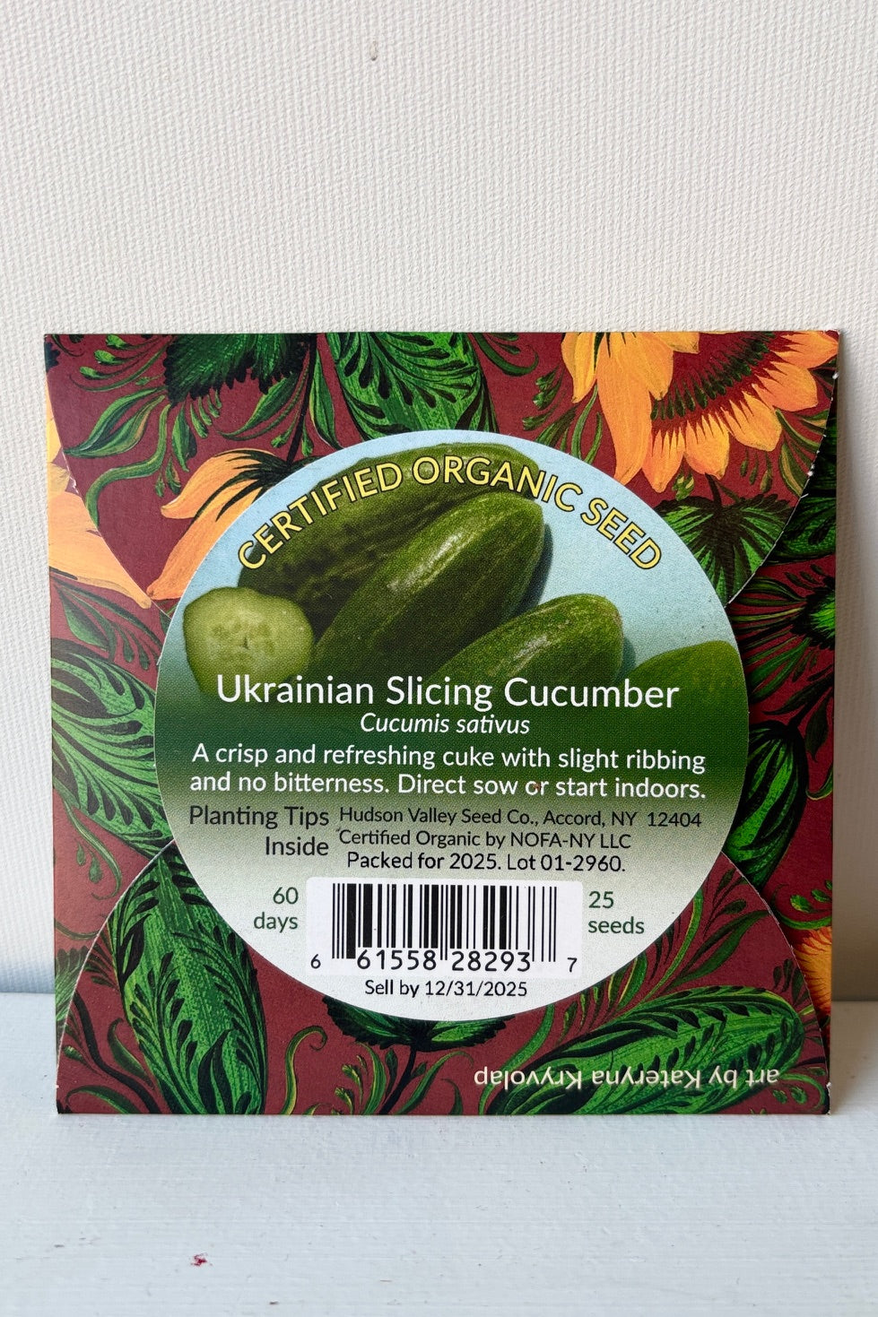 Backside of seed pack of Ukrainian Slicing Cucumbers against a white background