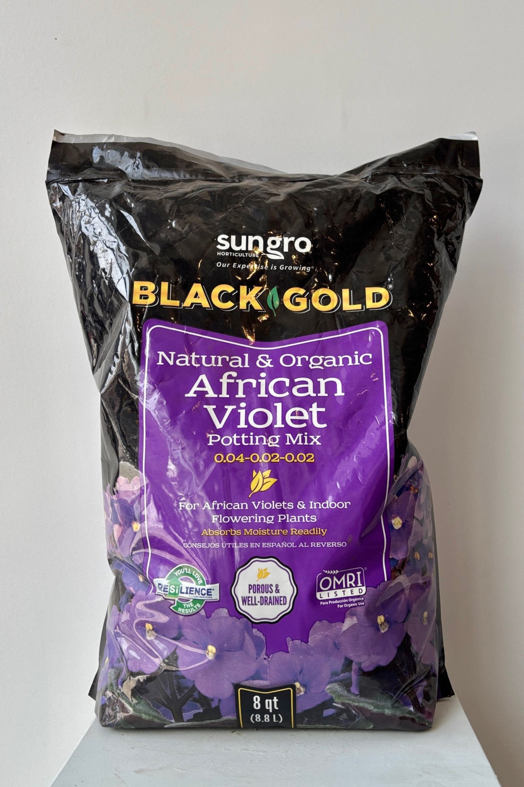8oz bag of African Violet potting mix in front of a white background