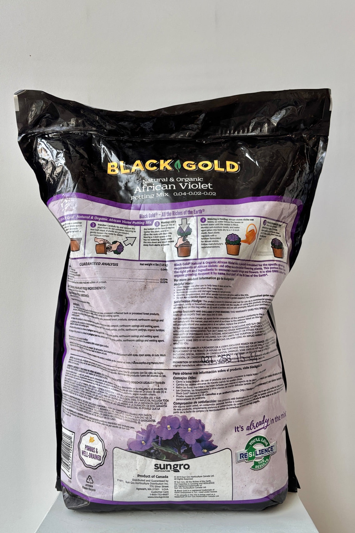 Back of 8oz African Violet potting mix against a white background