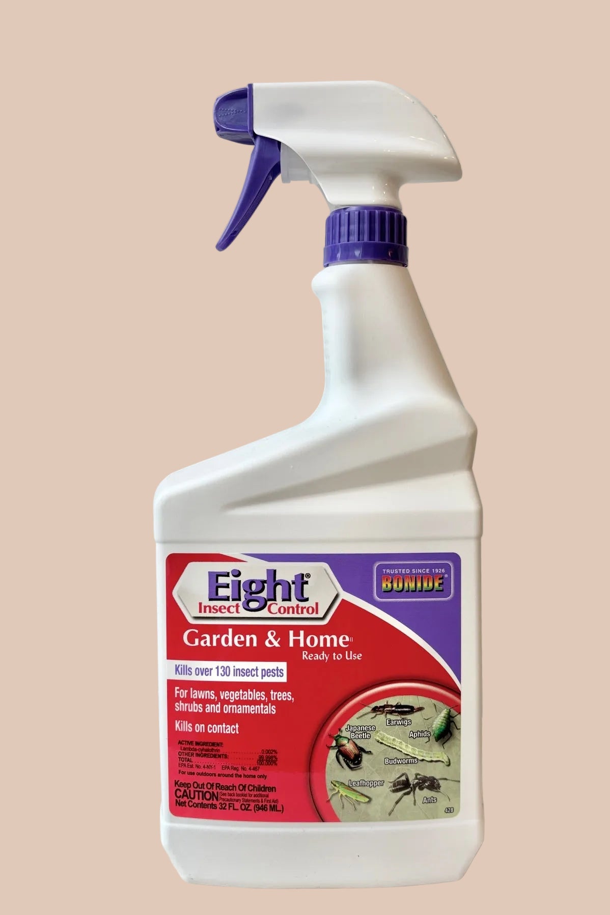 Front view of a 32oz Bottle of Bonide Eight insect control on a white surface against a white wall.