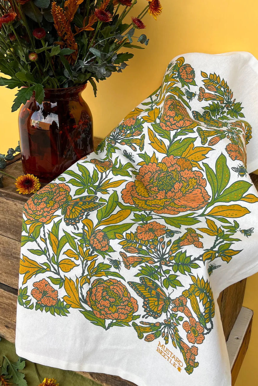 Peonies Organic Cotton Tea Towel ©Mustard Beetle