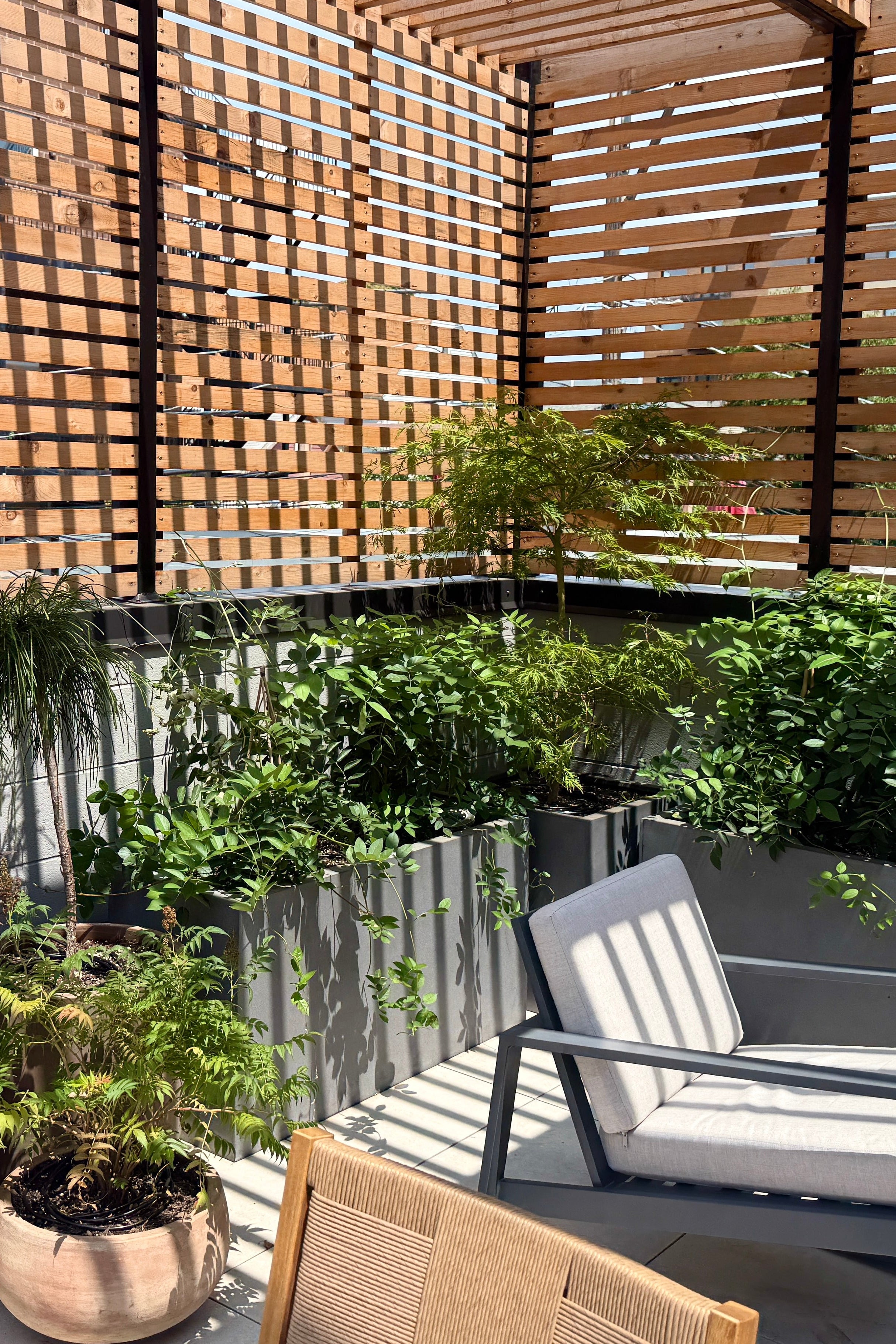 A modern outdoor patio corner designed by Sprout H9ome with Jumbo Jorts, with a gray lounge chair, potted plants, and a wooden slat privacy screen in the background. ©Sprout Home