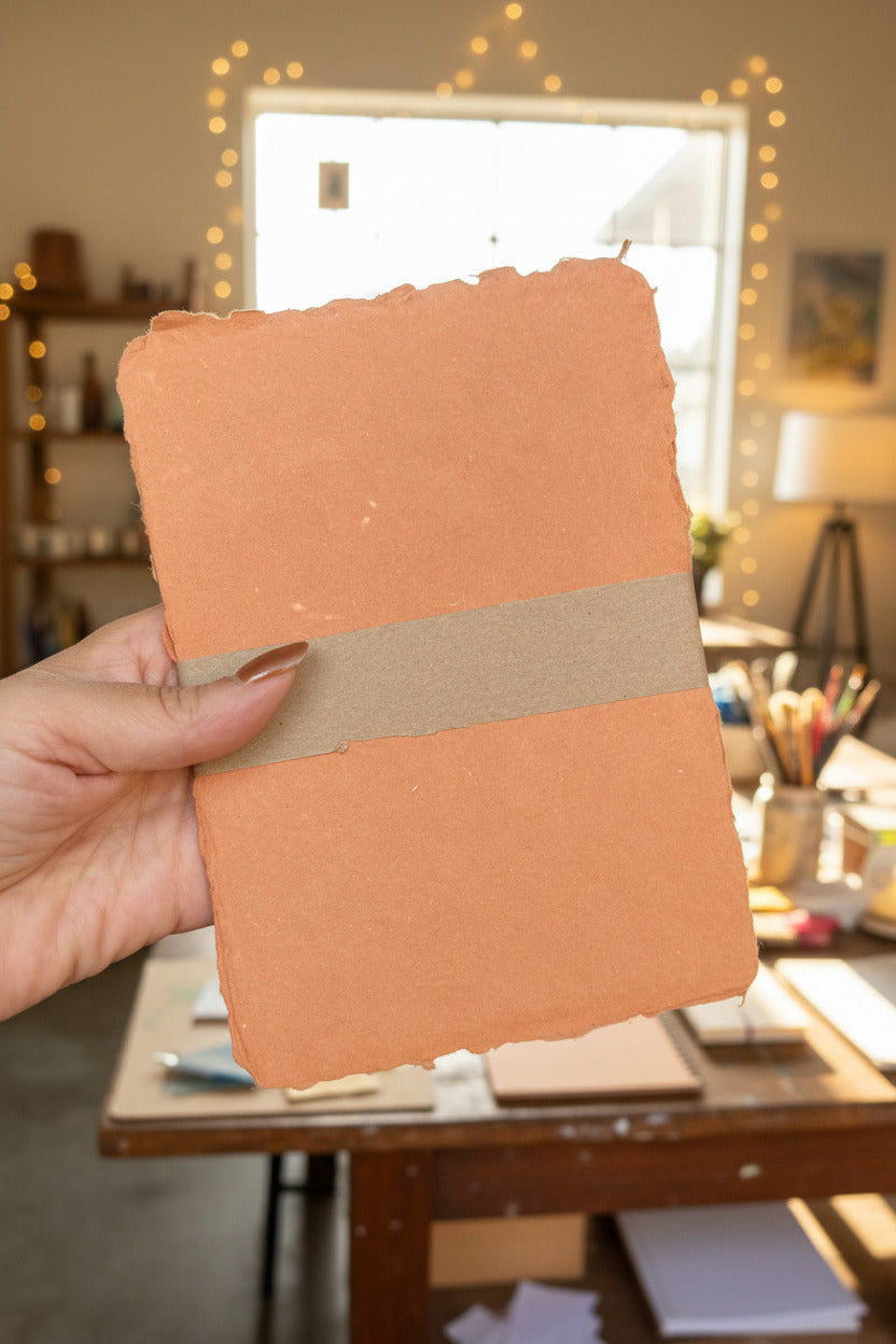 Handmade Terracotta Paper Sheet Set in 5 x 7" being held up in an art studio ©Sprout Home