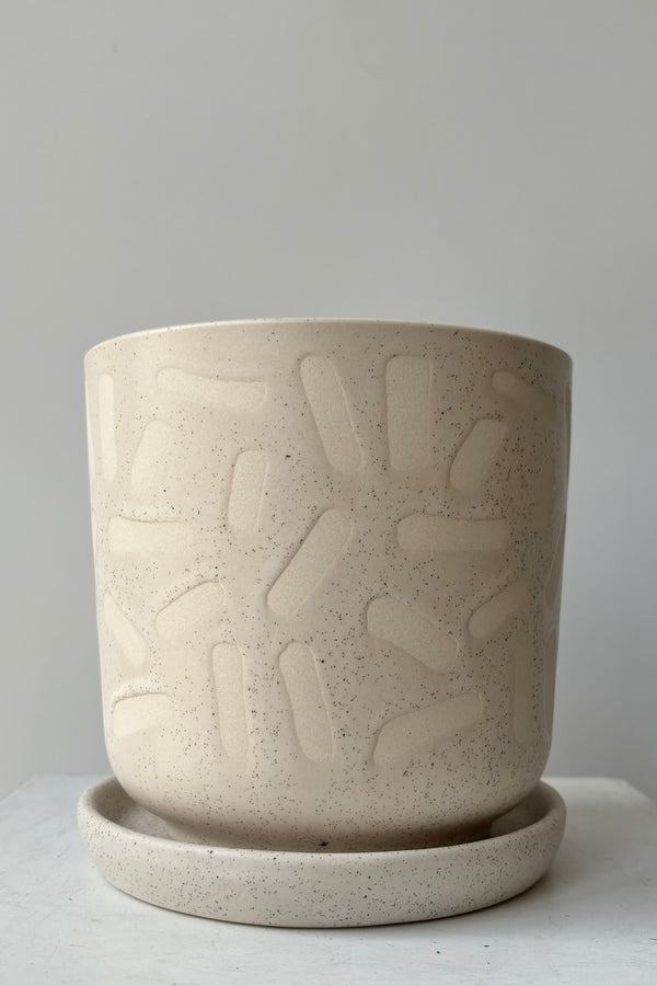The Sundae Pot features a sesame glaze with stamped shapes scattered across the surface against grey wall