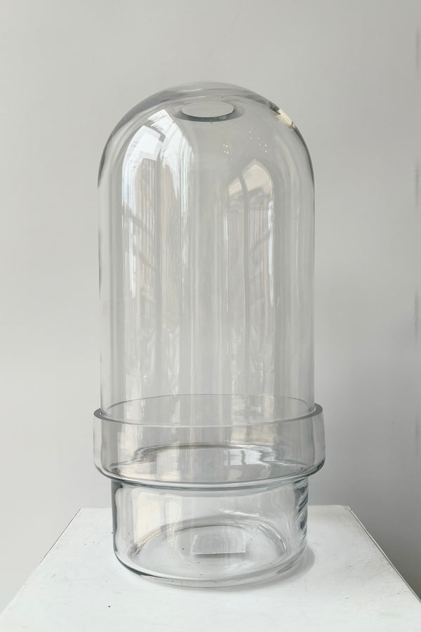 Two piece clear glass, capsule style terrarium unplanted against white background