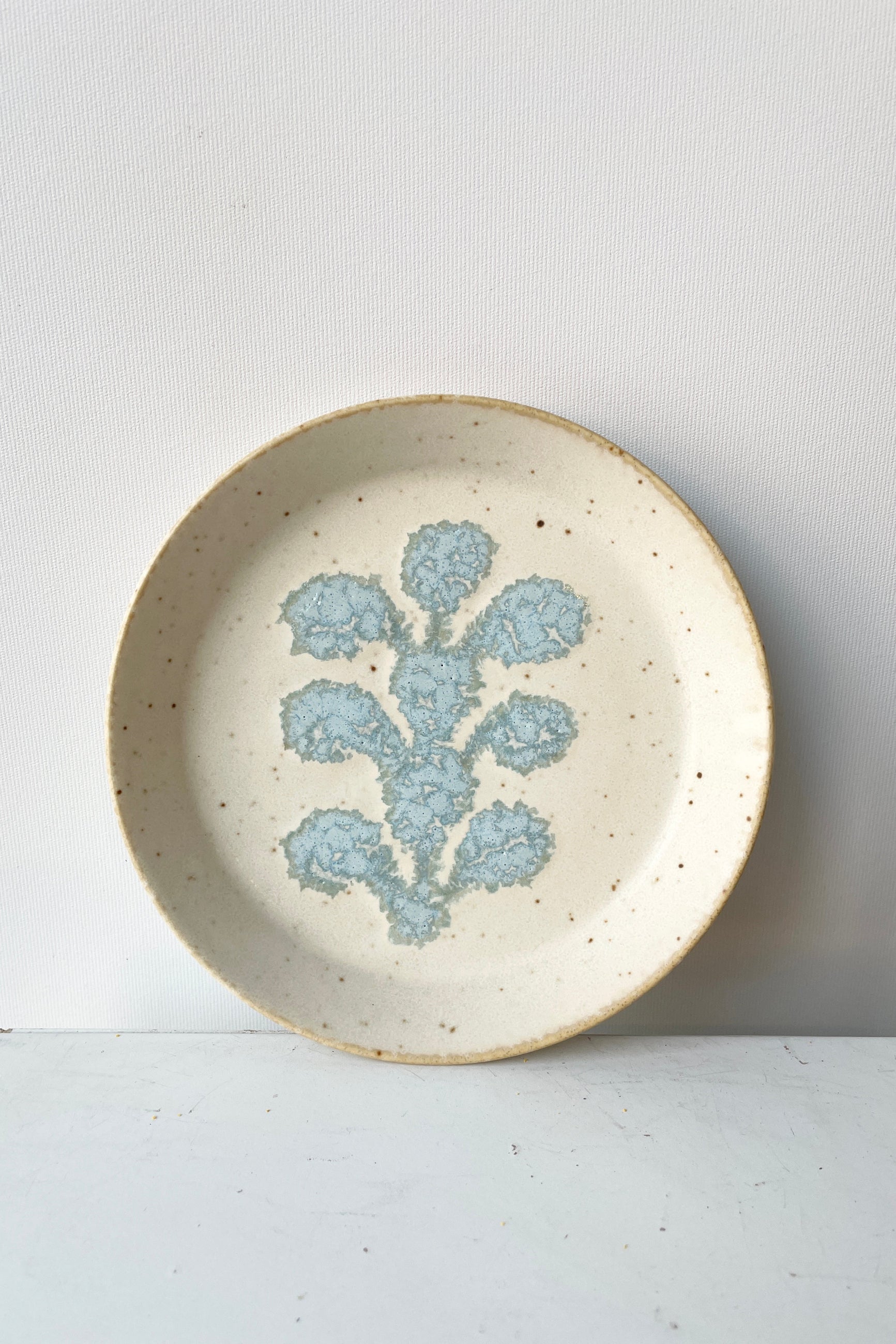 The ivory blue crest plate at Sprout Home against a white wall seeing the pattern on the plate. ©Sprout Home