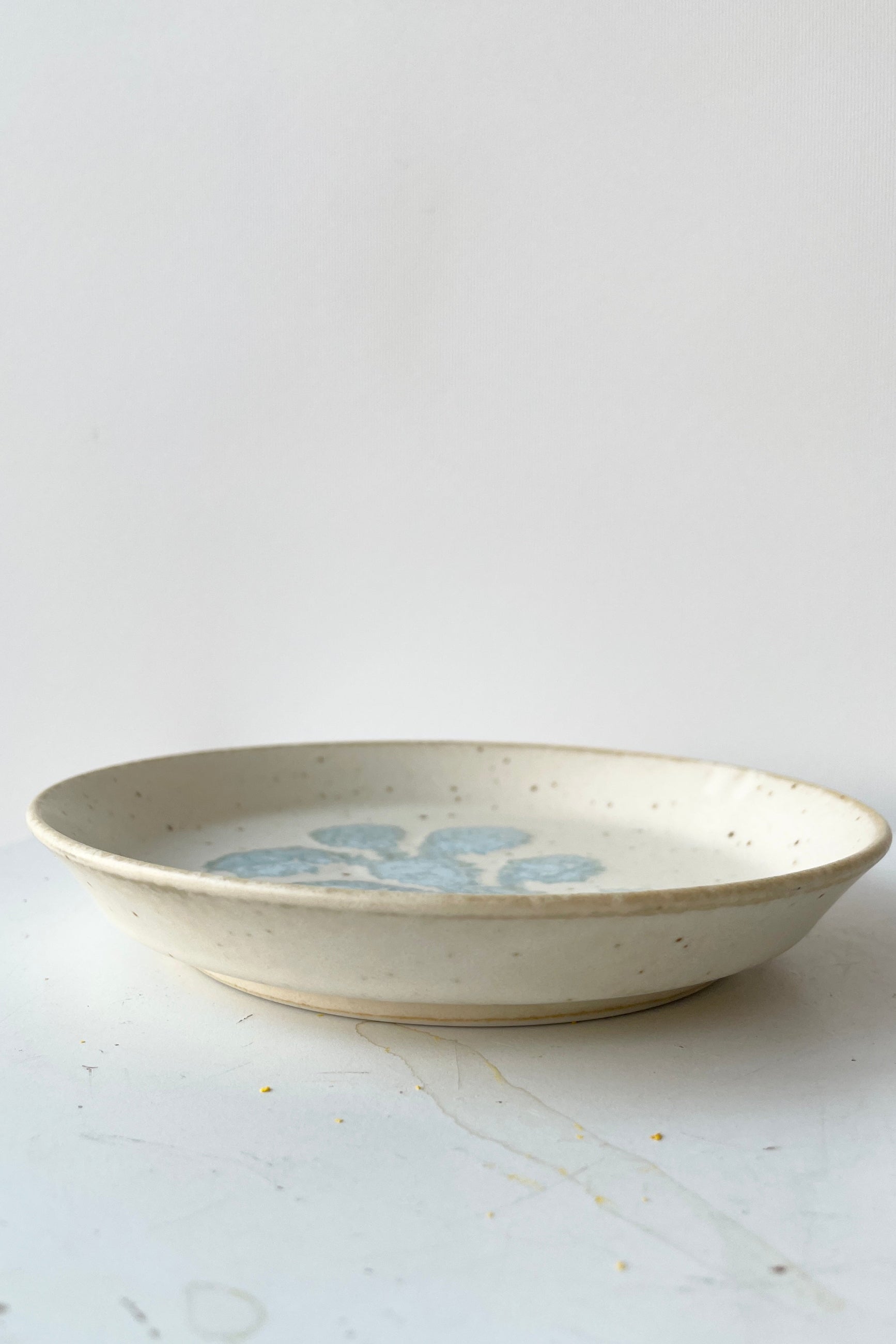 The Ivory Blue Crest Plate being shown sitting from the side. ©Sprout Home