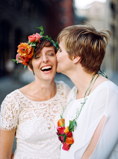 Floral necklace and crown in warm tones for Jen & Nancy by Sprout Home. Photographed by www.karenwise.com