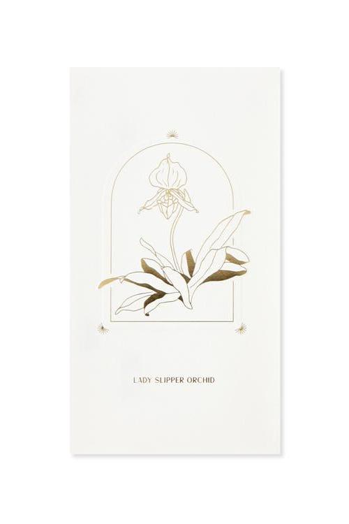 The from to the lady slipper orchid card with its gold foil on white.