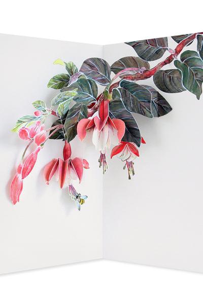 Fuchsia pop up card open and shipping the 3d pink flowers.