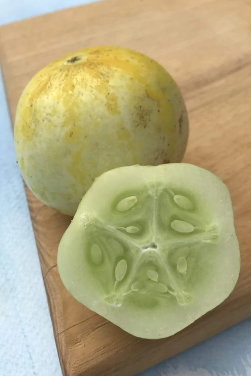 Lemon Cucumber plant one whole and one sliced on a wood board by Hudson Valley Seed Company ©Hudson Valley Seed Co.