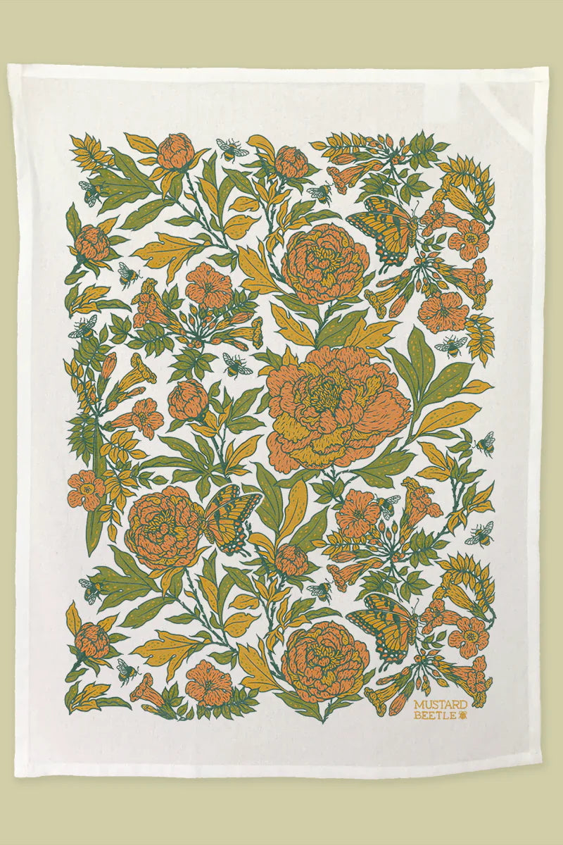 Peonies Organic Cotton Tea Towel ©Mustard Beetle
