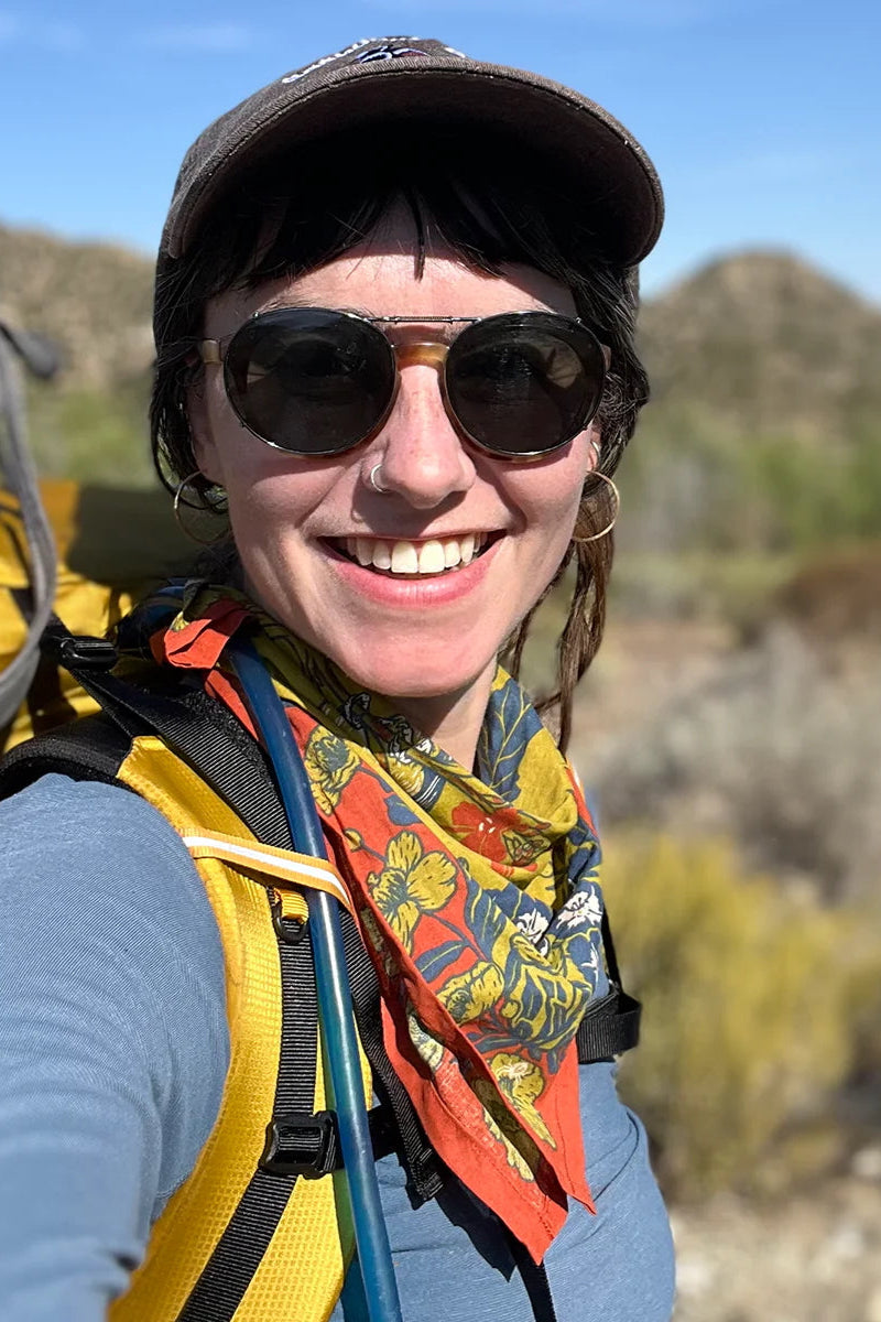 Organic Fair Trade San Gabriel Foothills Bandana being worn by a hiker ©Mustard Beetle