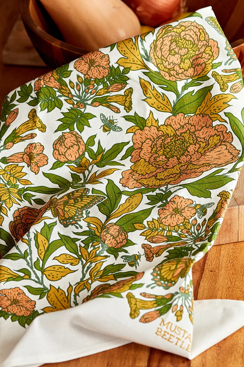 Peonies Organic Cotton Tea Towel ©Mustard Beetle