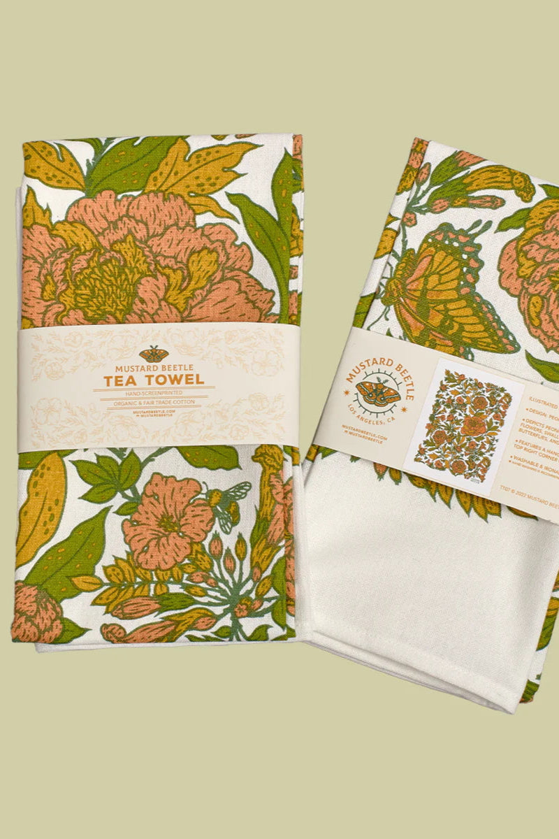 Peonies Organic Cotton Tea Towel ©Mustard Beetle