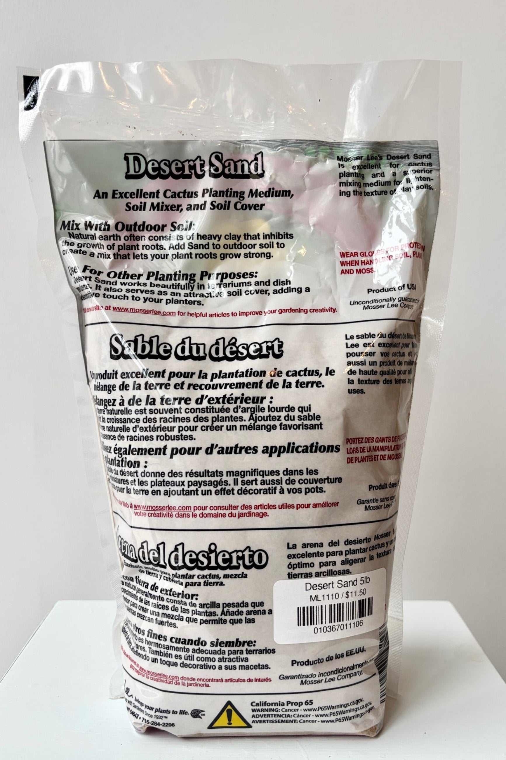 Back of 5lb bag of Mosser Lee Desert Sand against a white background ©Sprout Home