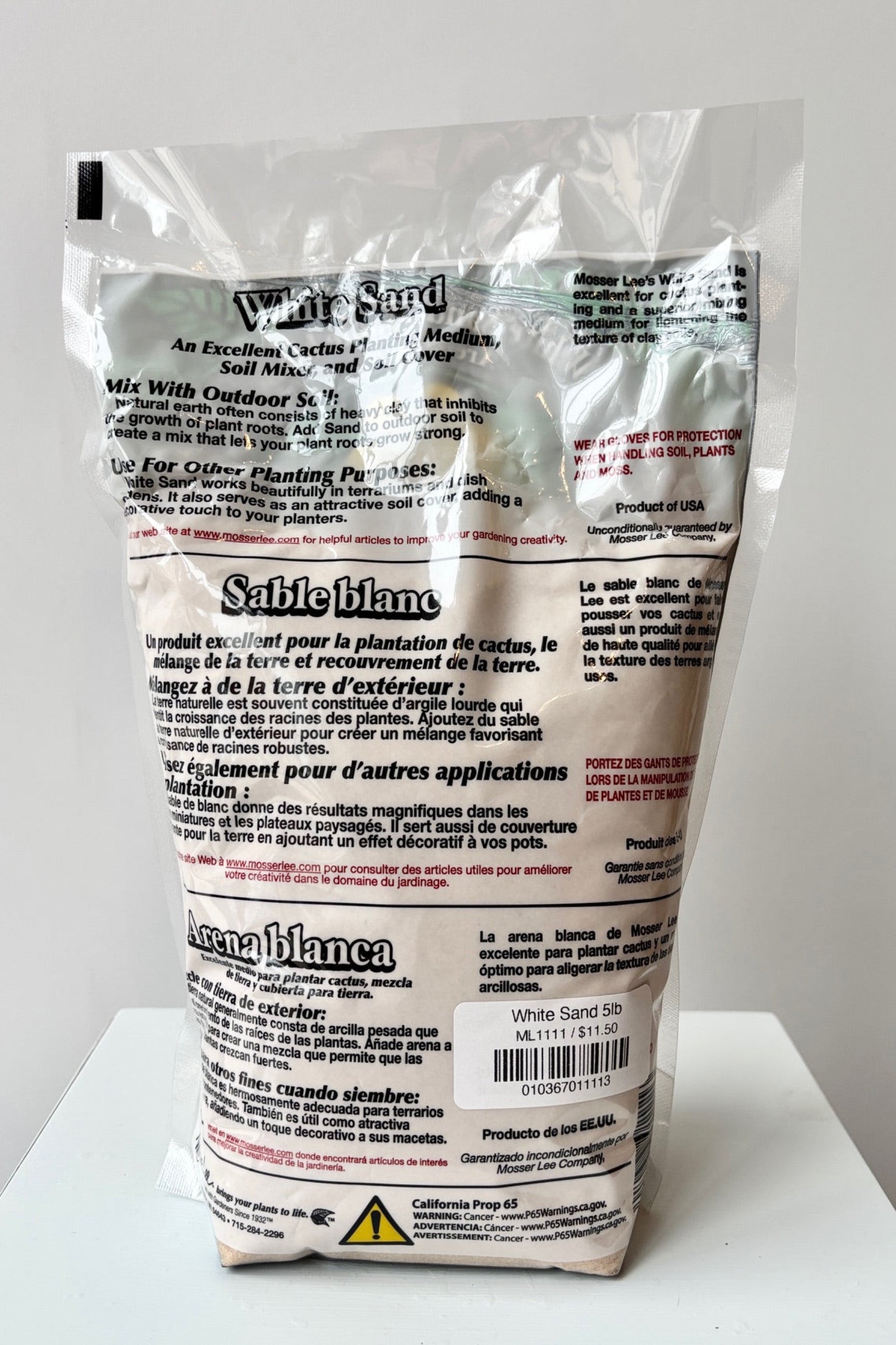 Back of 5lb bag of Mosser Lee white sand against a white background ©Sprout Home